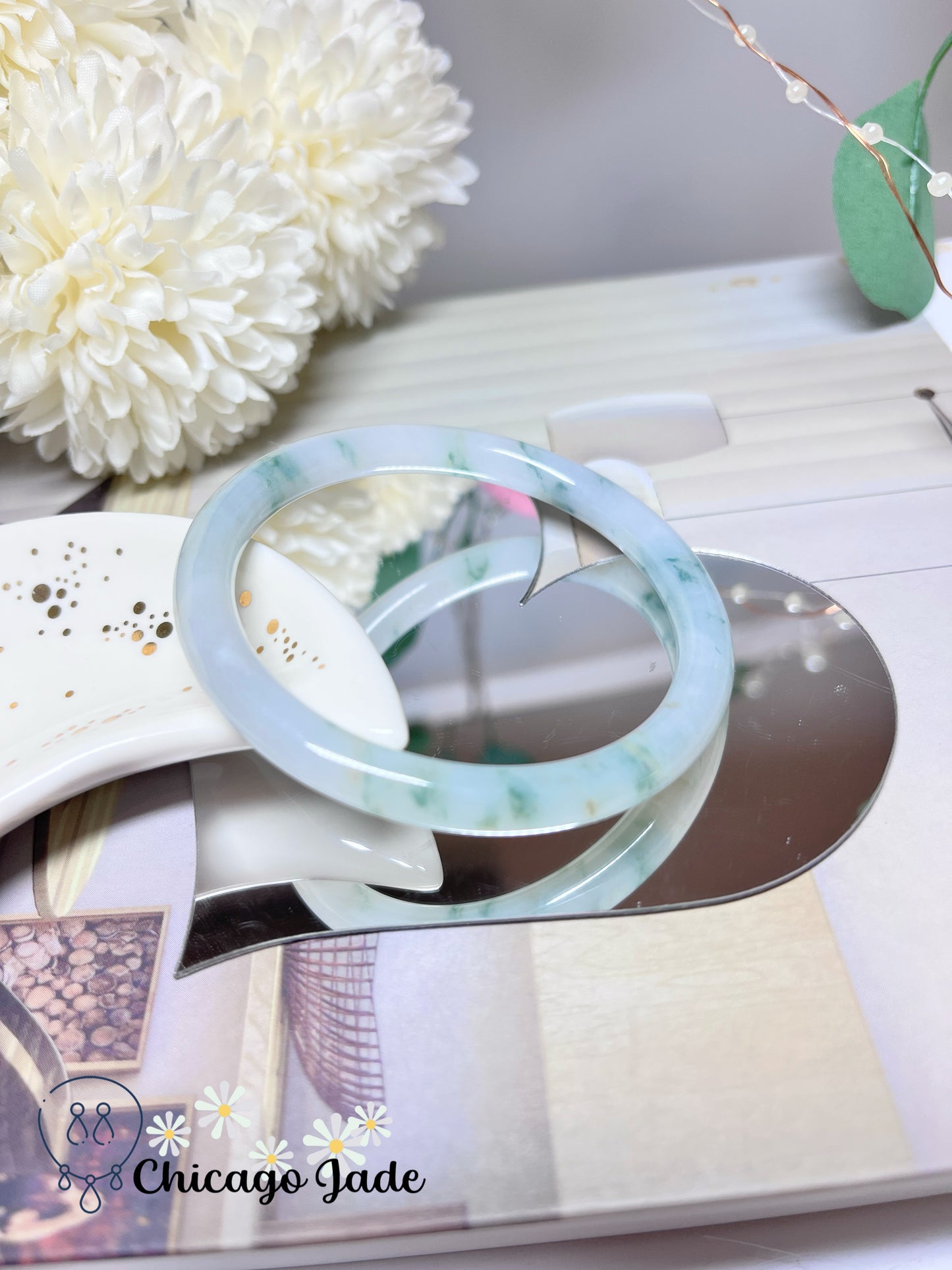 55.9mm Size M Translucent White Base Floral Green Natural Untreated Grade A Authentic Burma Jadeite Jade Feicui Bangle