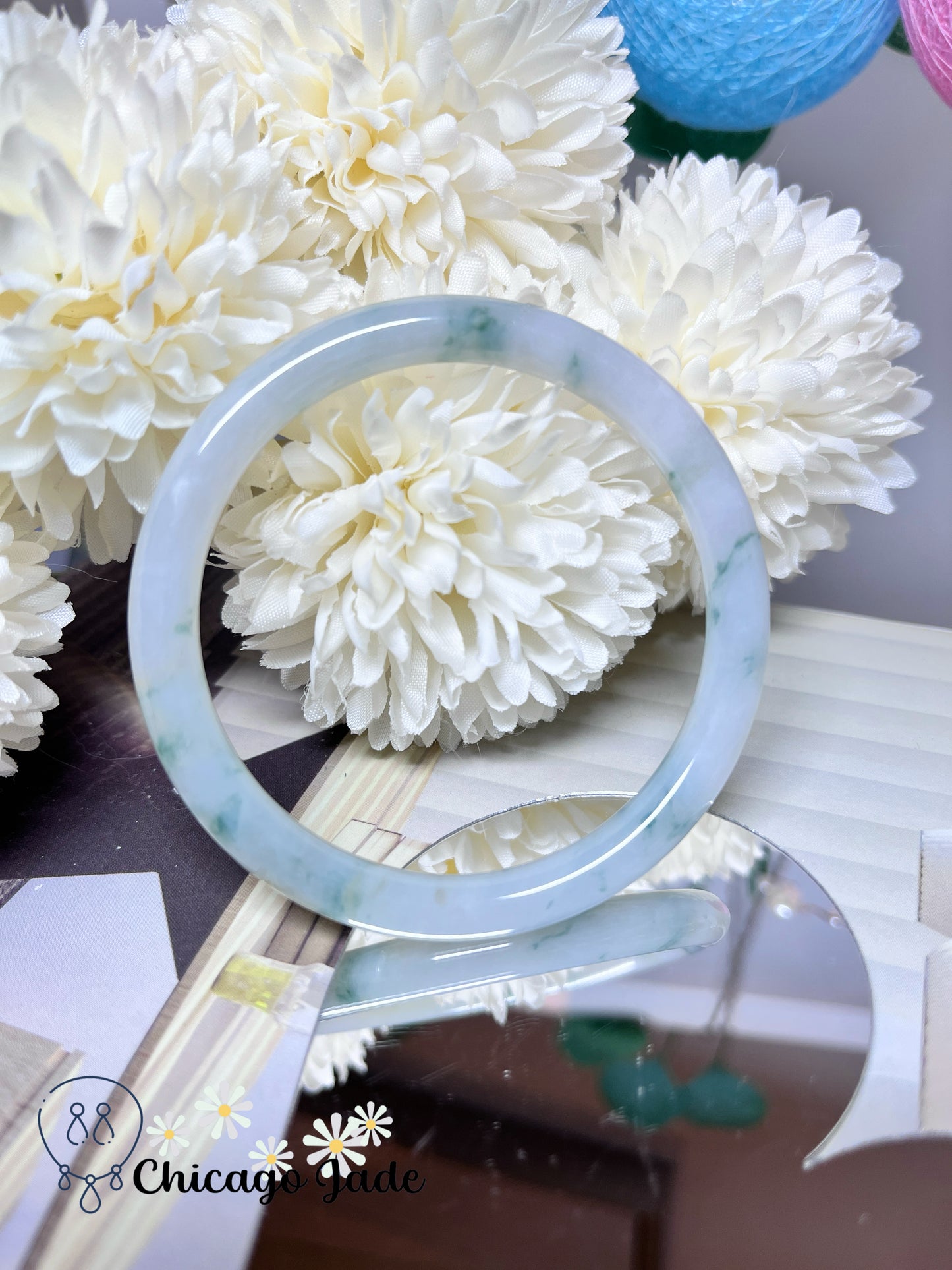 55.9mm Size M Translucent White Base Floral Green Natural Untreated Grade A Authentic Burma Jadeite Jade Feicui Bangle