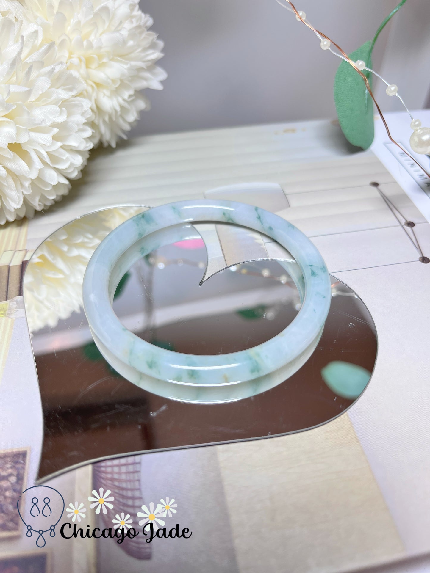 55.9mm Size M Translucent White Base Floral Green Natural Untreated Grade A Authentic Burma Jadeite Jade Feicui Bangle