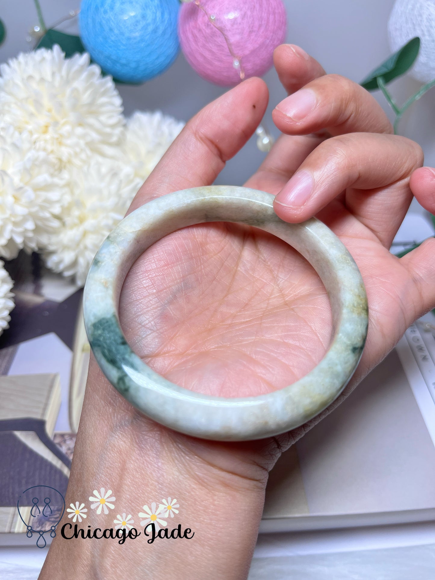 55.9mm Size M Light Yellow Base Green Flowers Natural Grade A Authentic Untreated Burma Jadeite Jade Feicui Bangle