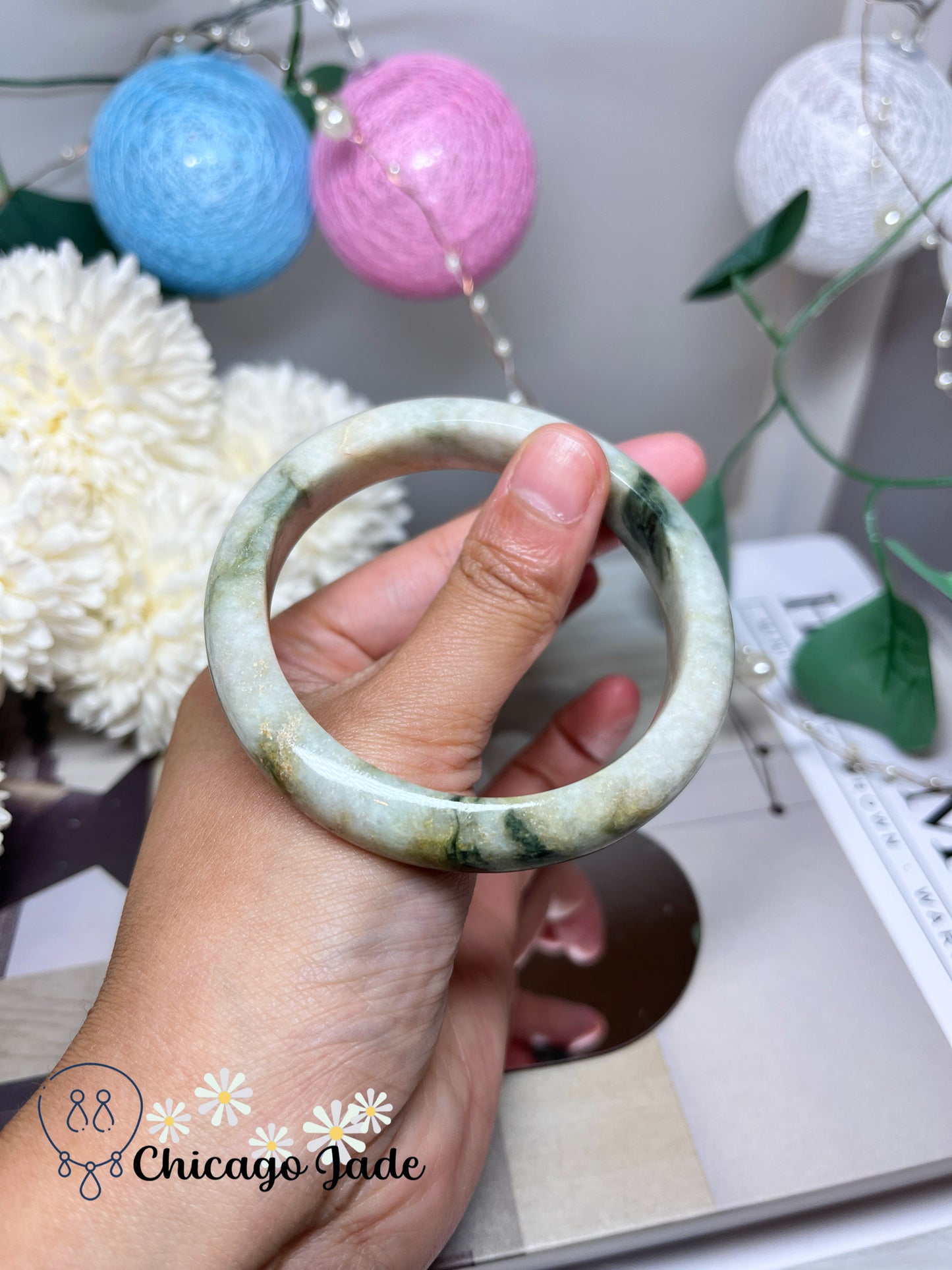 55.9mm Size M Light Yellow Base Green Flowers Natural Grade A Authentic Untreated Burma Jadeite Jade Feicui Bangle