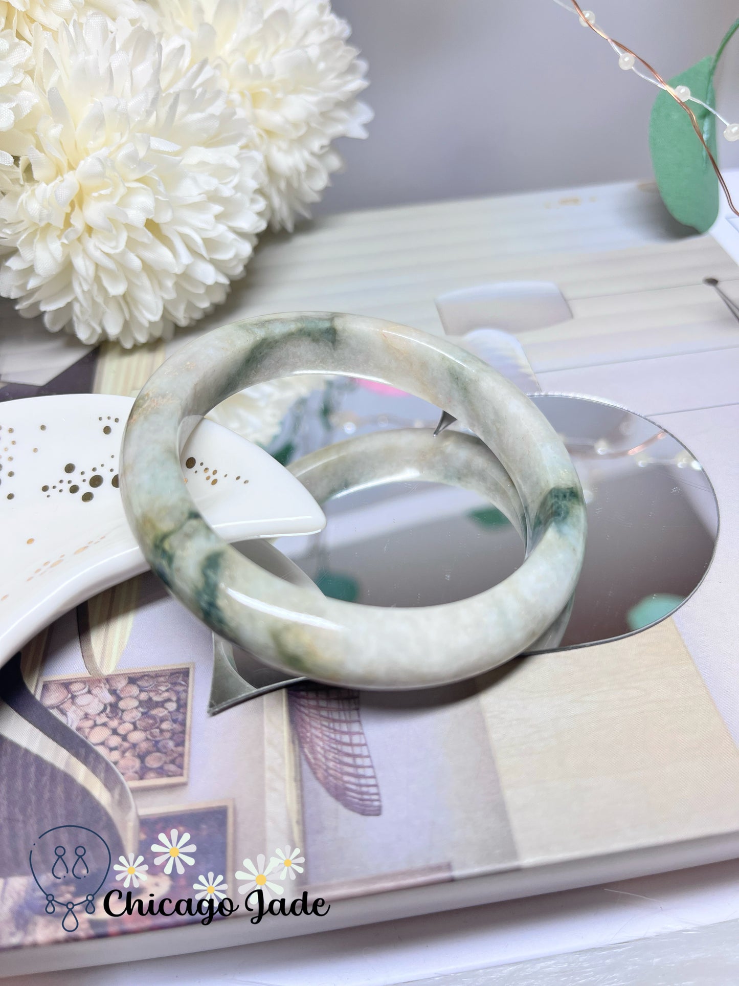 55.9mm Size M Light Yellow Base Green Flowers Natural Grade A Authentic Untreated Burma Jadeite Jade Feicui Bangle