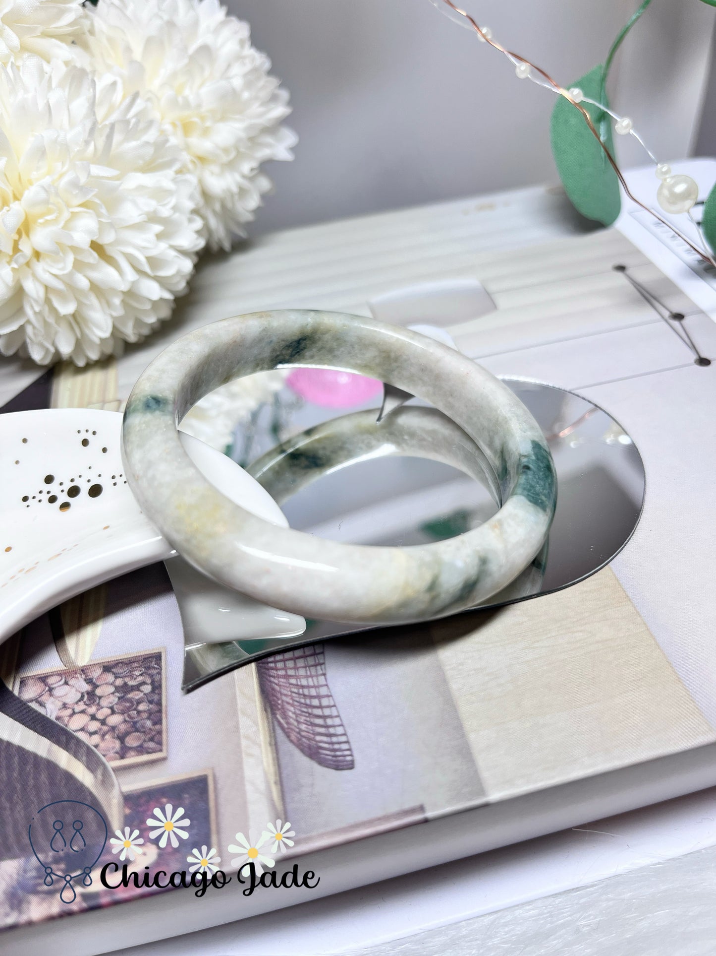 55.9mm Size M Light Yellow Base Green Flowers Natural Grade A Authentic Untreated Burma Jadeite Jade Feicui Bangle