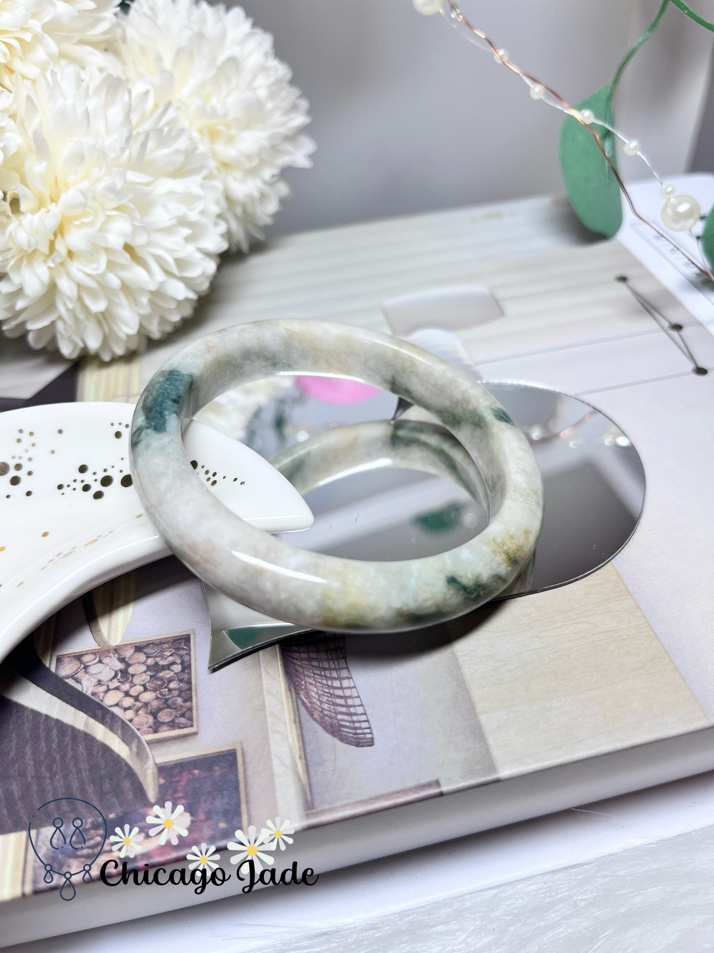 55.9mm Size M Light Yellow Base Green Flowers Natural Grade A Authentic Untreated Burma Jadeite Jade Feicui Bangle