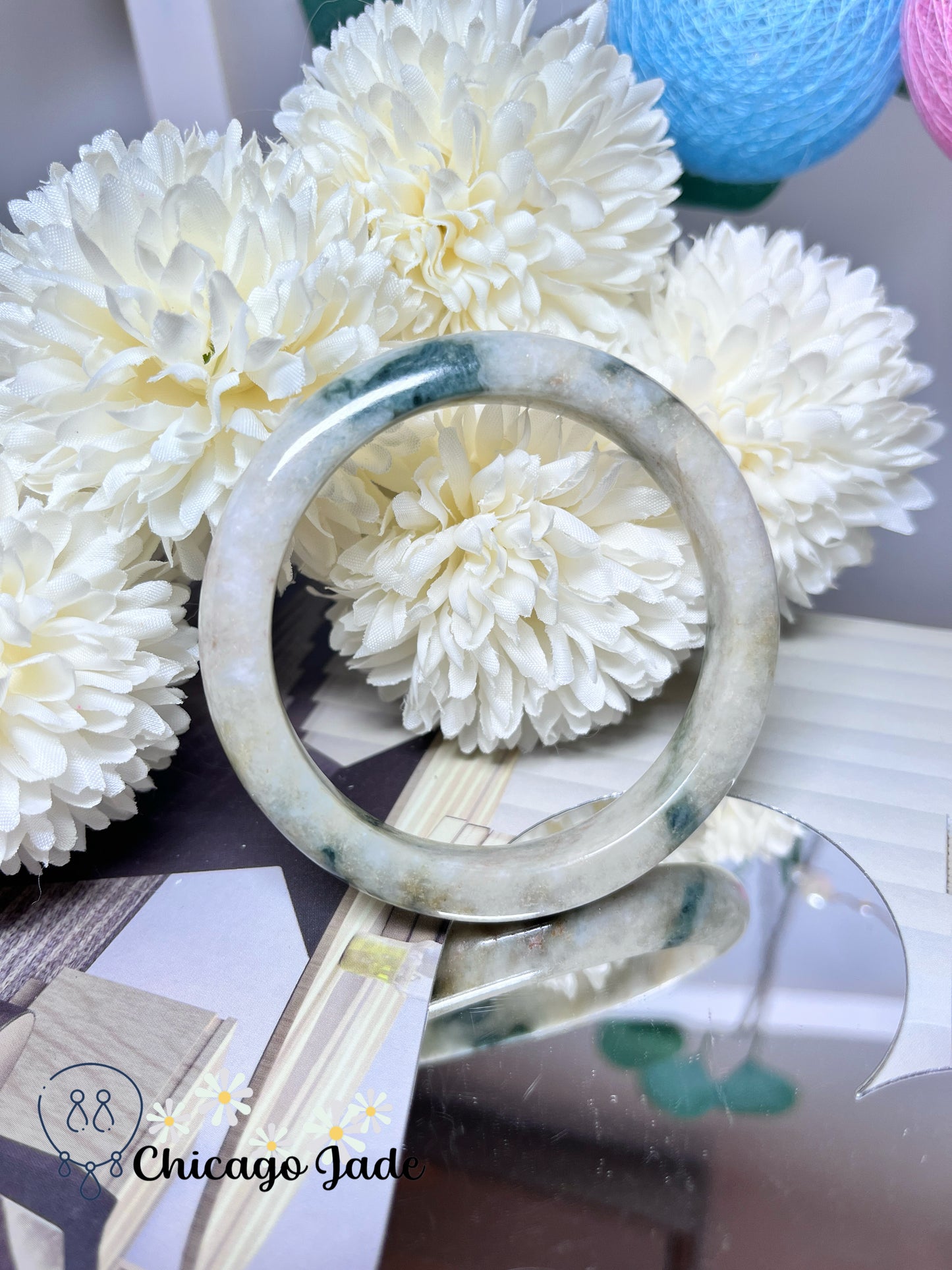 55.9mm Size M Light Yellow Base Green Flowers Natural Grade A Authentic Untreated Burma Jadeite Jade Feicui Bangle