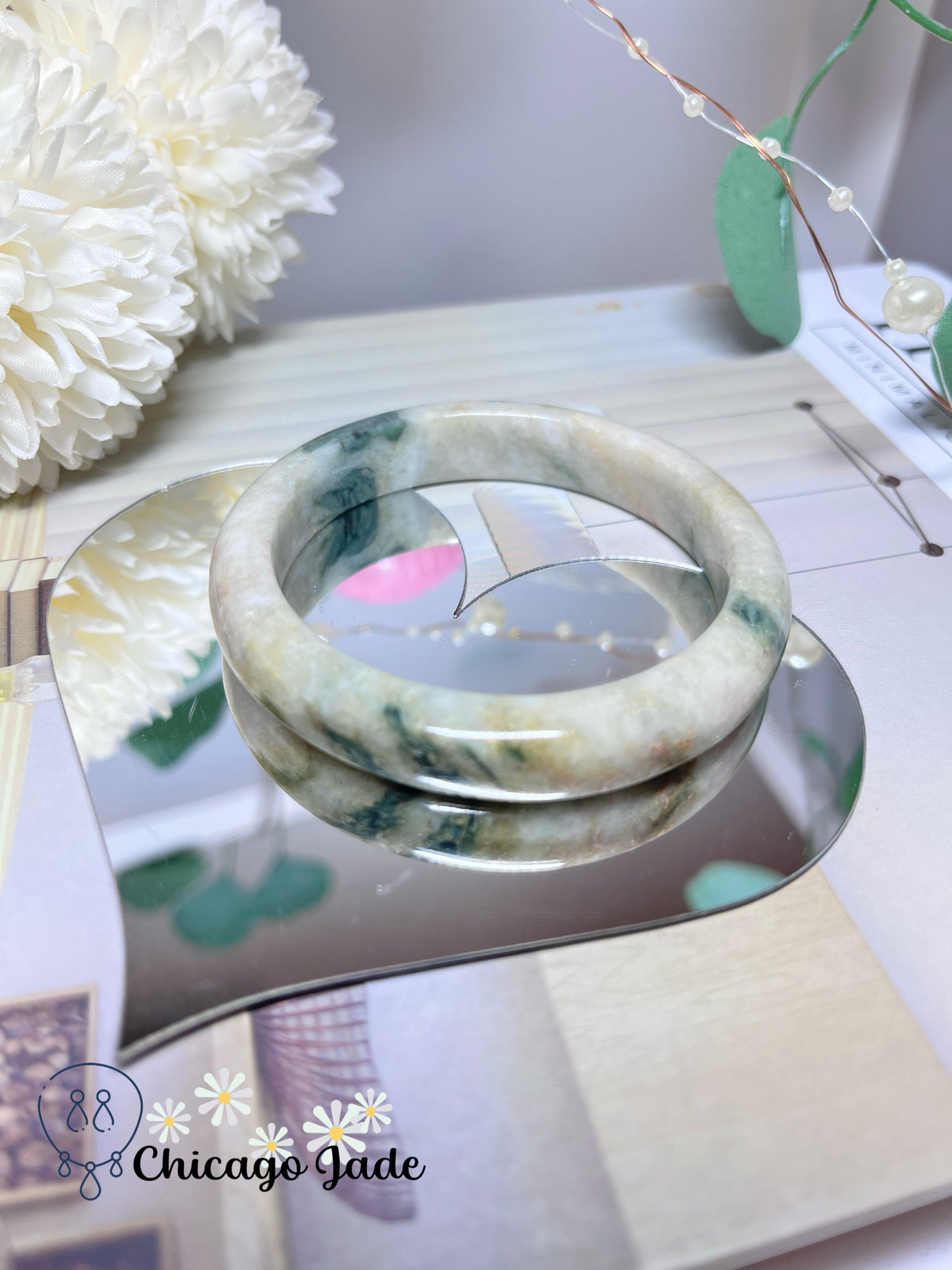 55.9mm Size M Light Yellow Base Green Flowers Natural Grade A Authentic Untreated Burma Jadeite Jade Feicui Bangle