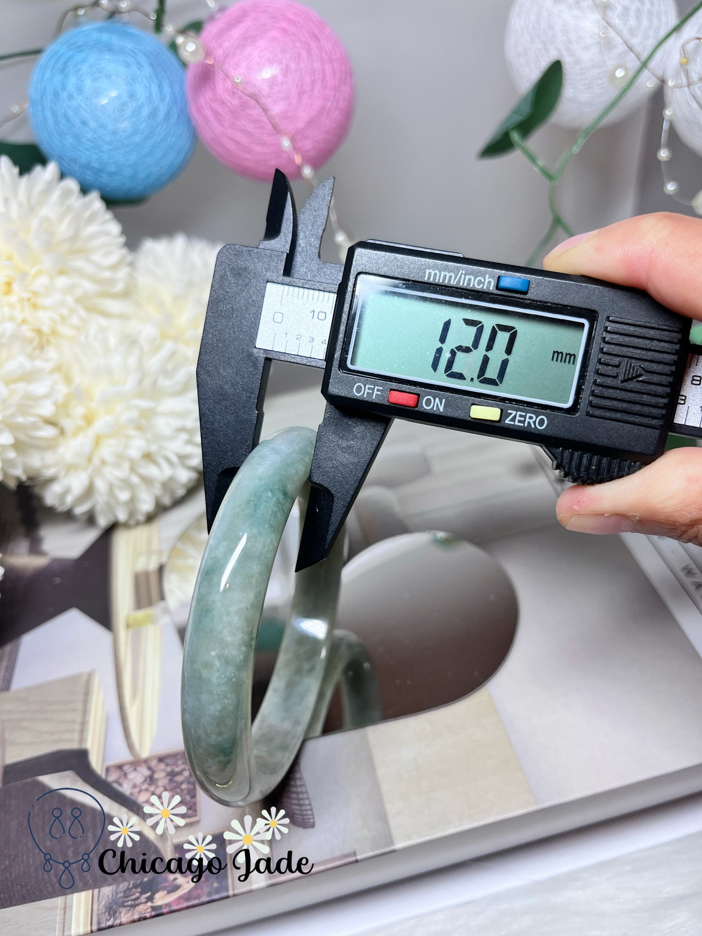 63.7mm Size XL Light Grey Base Green Flowers Natural Grade A Authentic Untreated Jadeite Jade Feicui Bangle