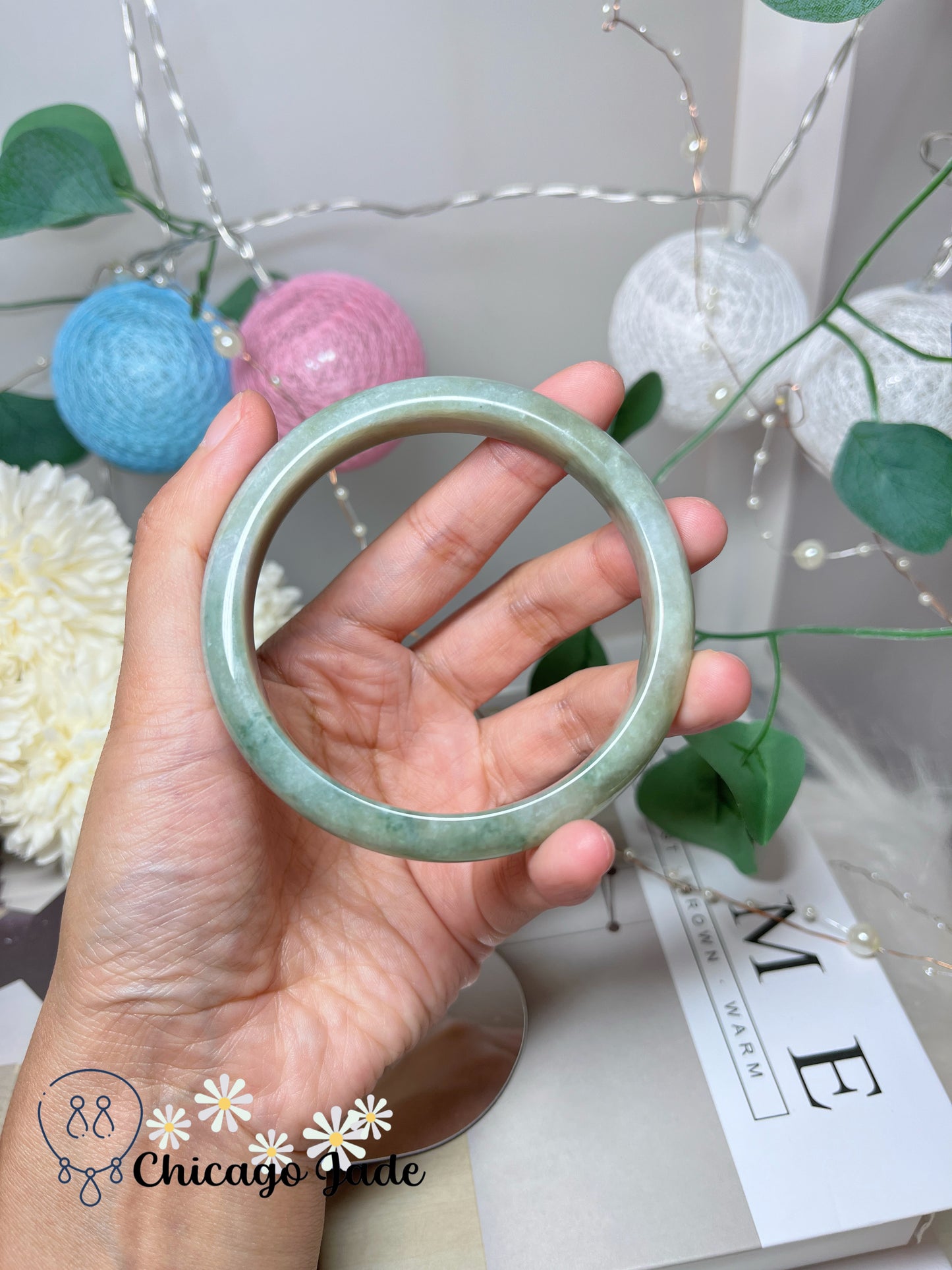 63.7mm Size XL Light Grey Base Green Flowers Natural Grade A Authentic Untreated Jadeite Jade Feicui Bangle