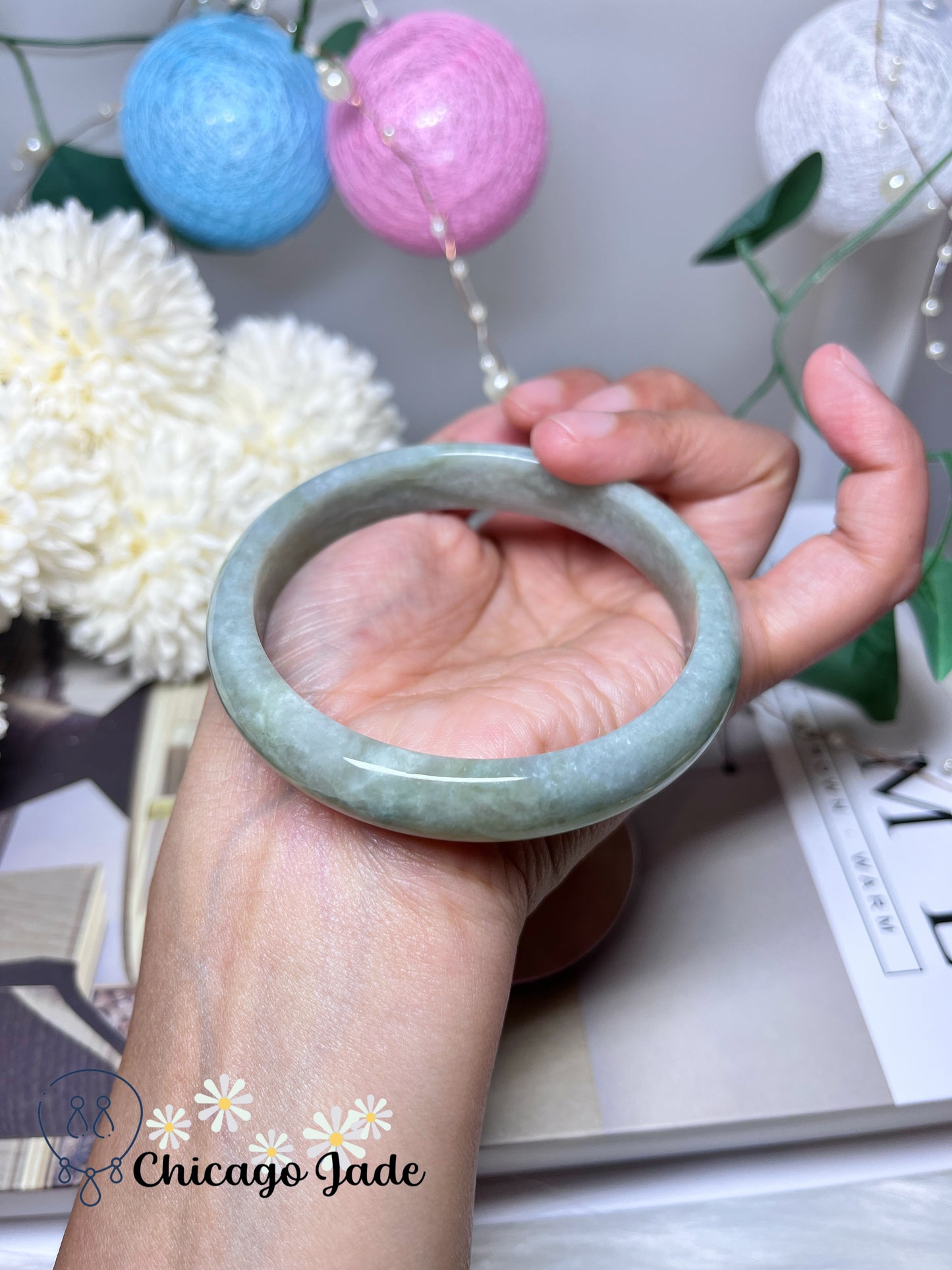 63.7mm Size XL Light Grey Base Green Flowers Natural Grade A Authentic Untreated Jadeite Jade Feicui Bangle