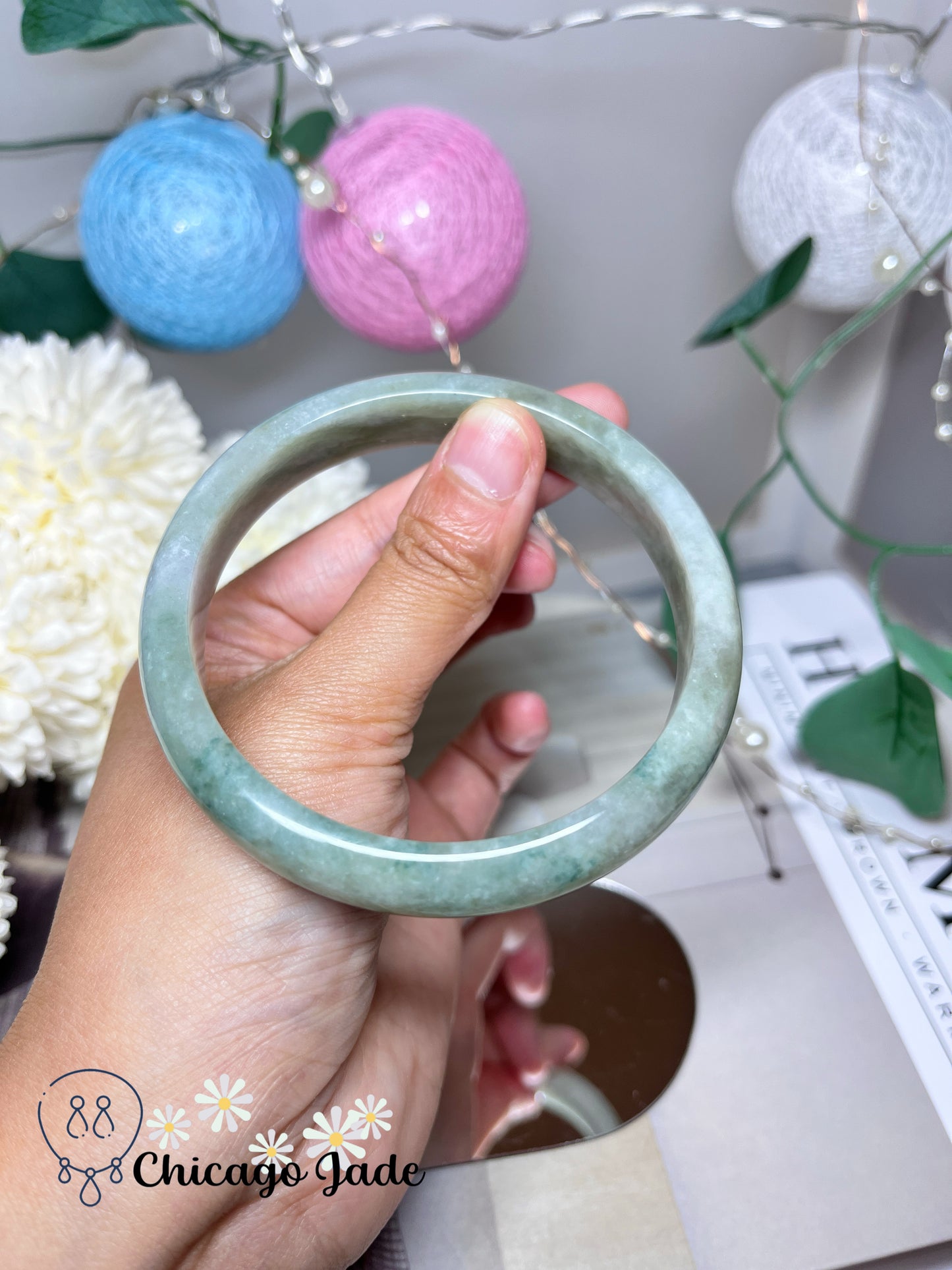 63.7mm Size XL Light Grey Base Green Flowers Natural Grade A Authentic Untreated Jadeite Jade Feicui Bangle