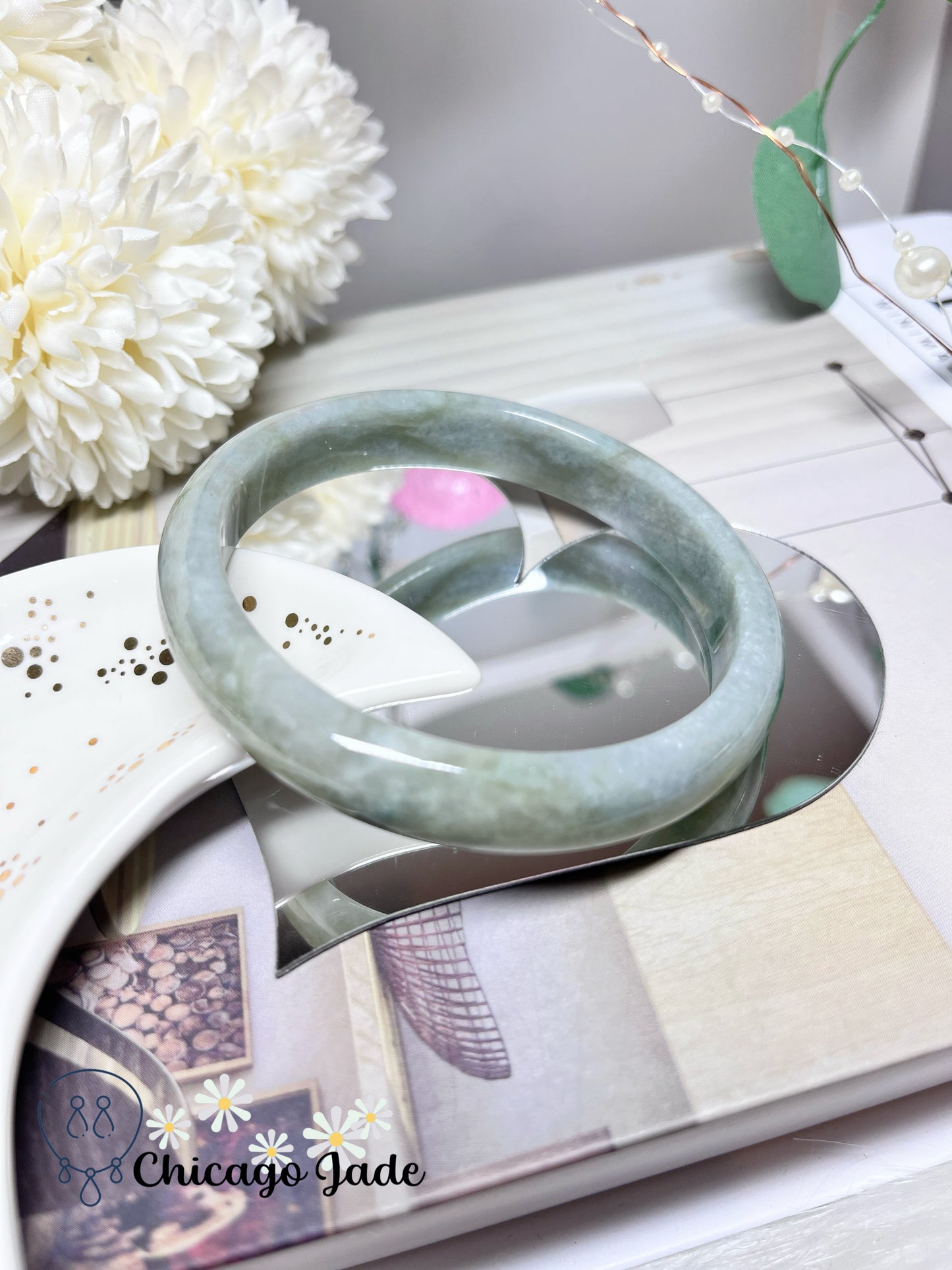 63.7mm Size XL Light Grey Base Green Flowers Natural Grade A Authentic Untreated Jadeite Jade Feicui Bangle