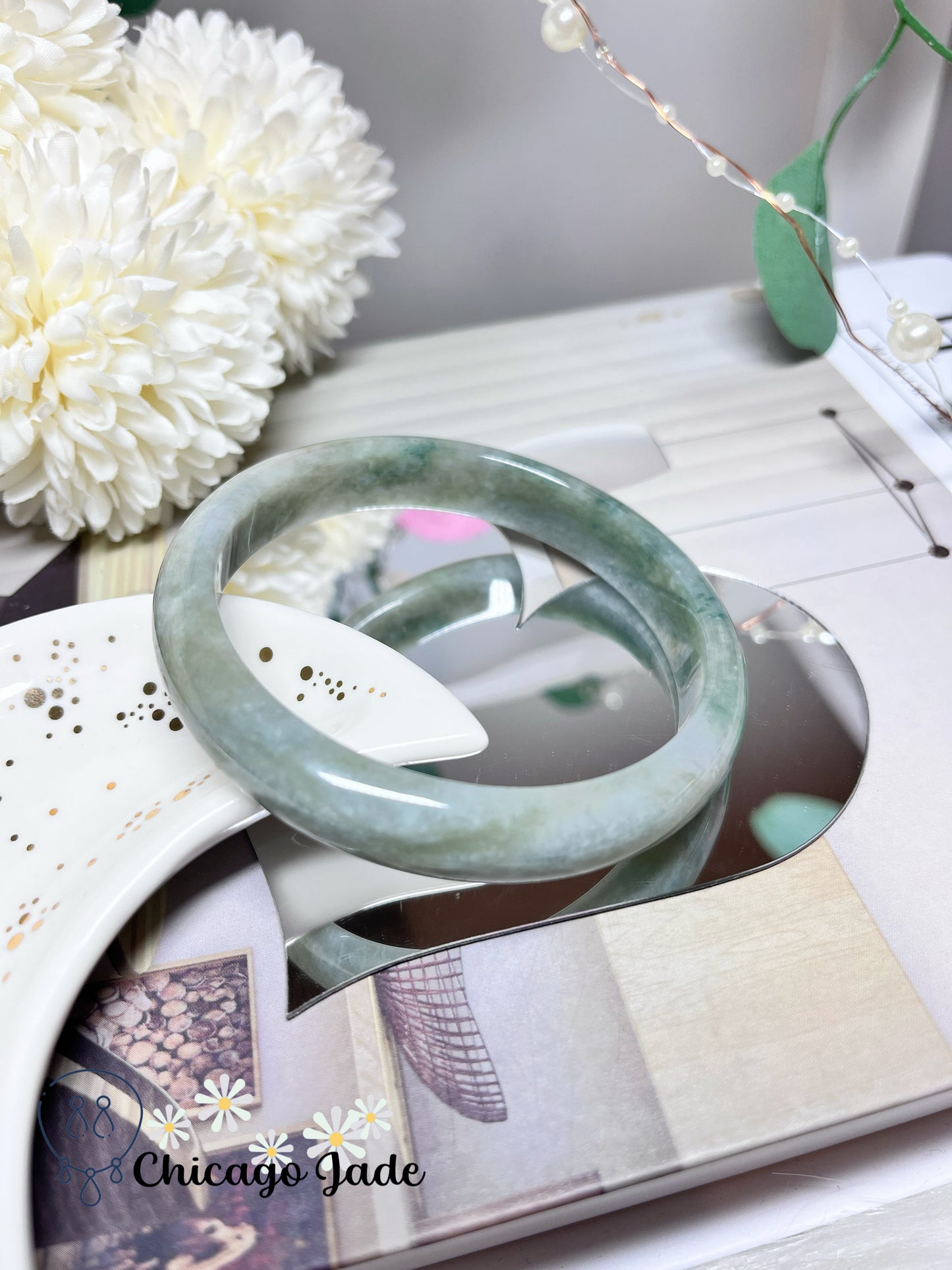 63.7mm Size XL Light Grey Base Green Flowers Natural Grade A Authentic Untreated Jadeite Jade Feicui Bangle