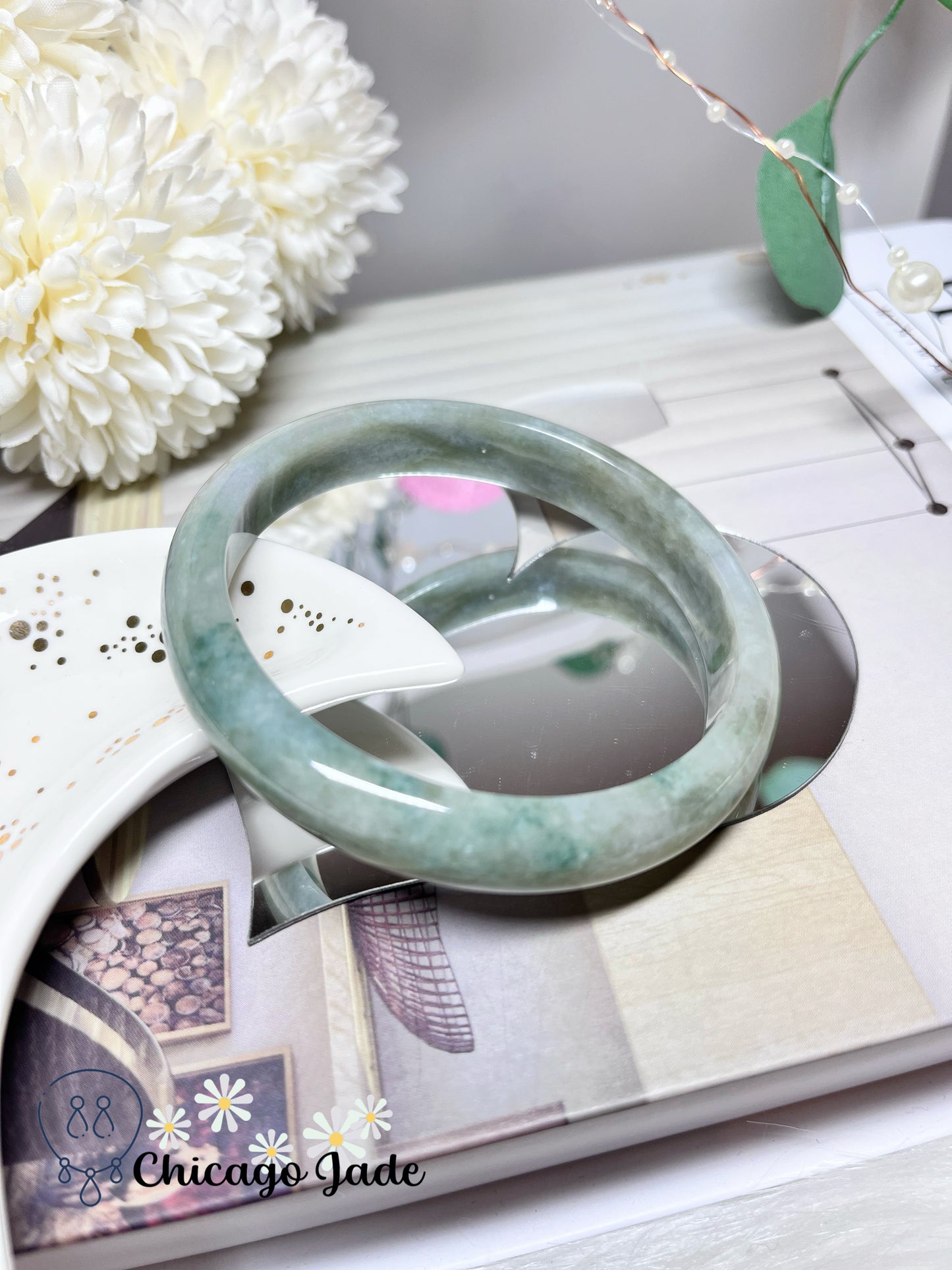 63.7mm Size XL Light Grey Base Green Flowers Natural Grade A Authentic Untreated Jadeite Jade Feicui Bangle