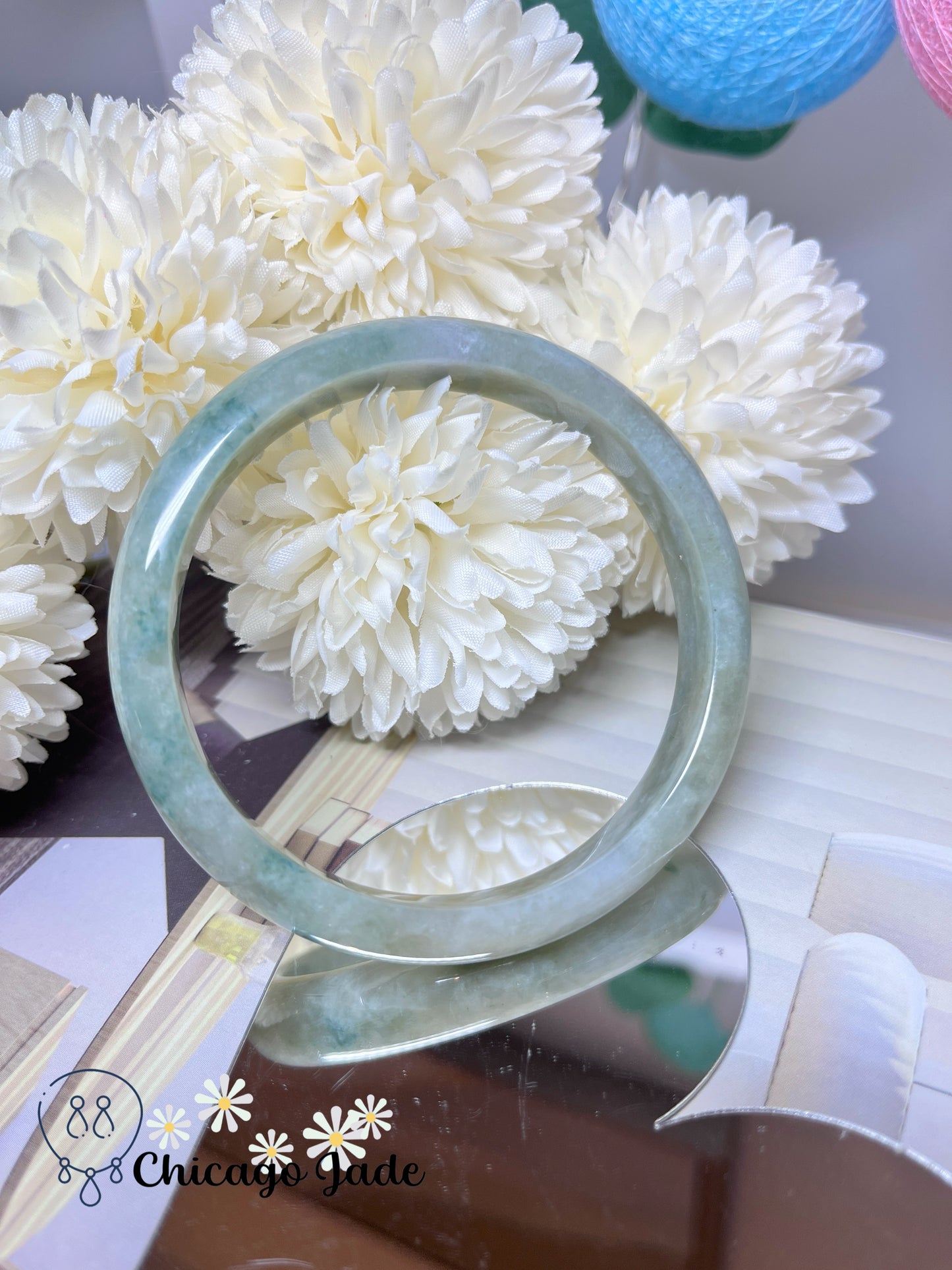 63.7mm Size XL Light Grey Base Green Flowers Natural Grade A Authentic Untreated Jadeite Jade Feicui Bangle