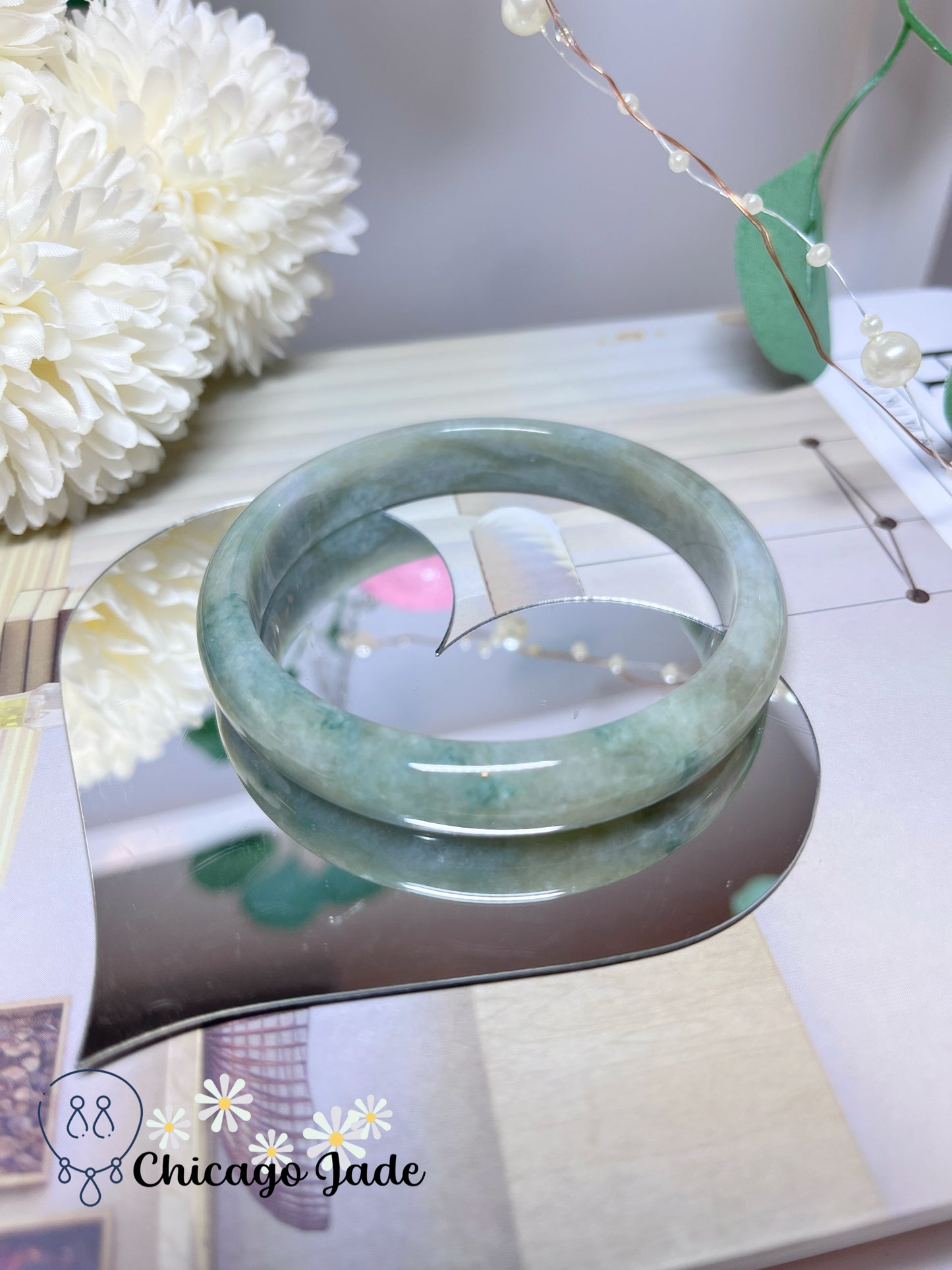63.7mm Size XL Light Grey Base Green Flowers Natural Grade A Authentic Untreated Jadeite Jade Feicui Bangle