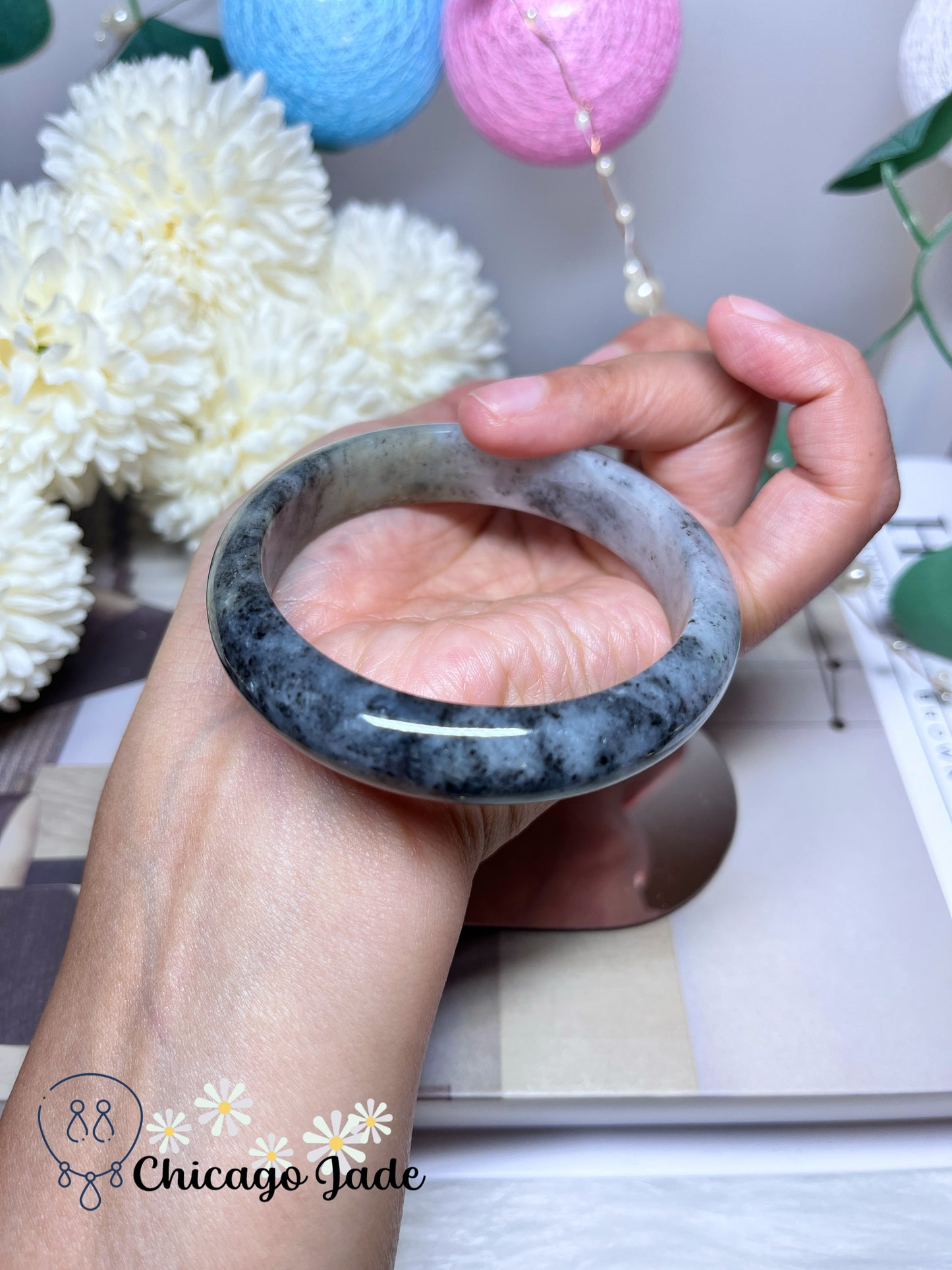 56.4mm Size M Dark Grey Black Yellow Multi-Color Natural Untreated Grade A Authentic Jadeite Jade Feicui Bangle