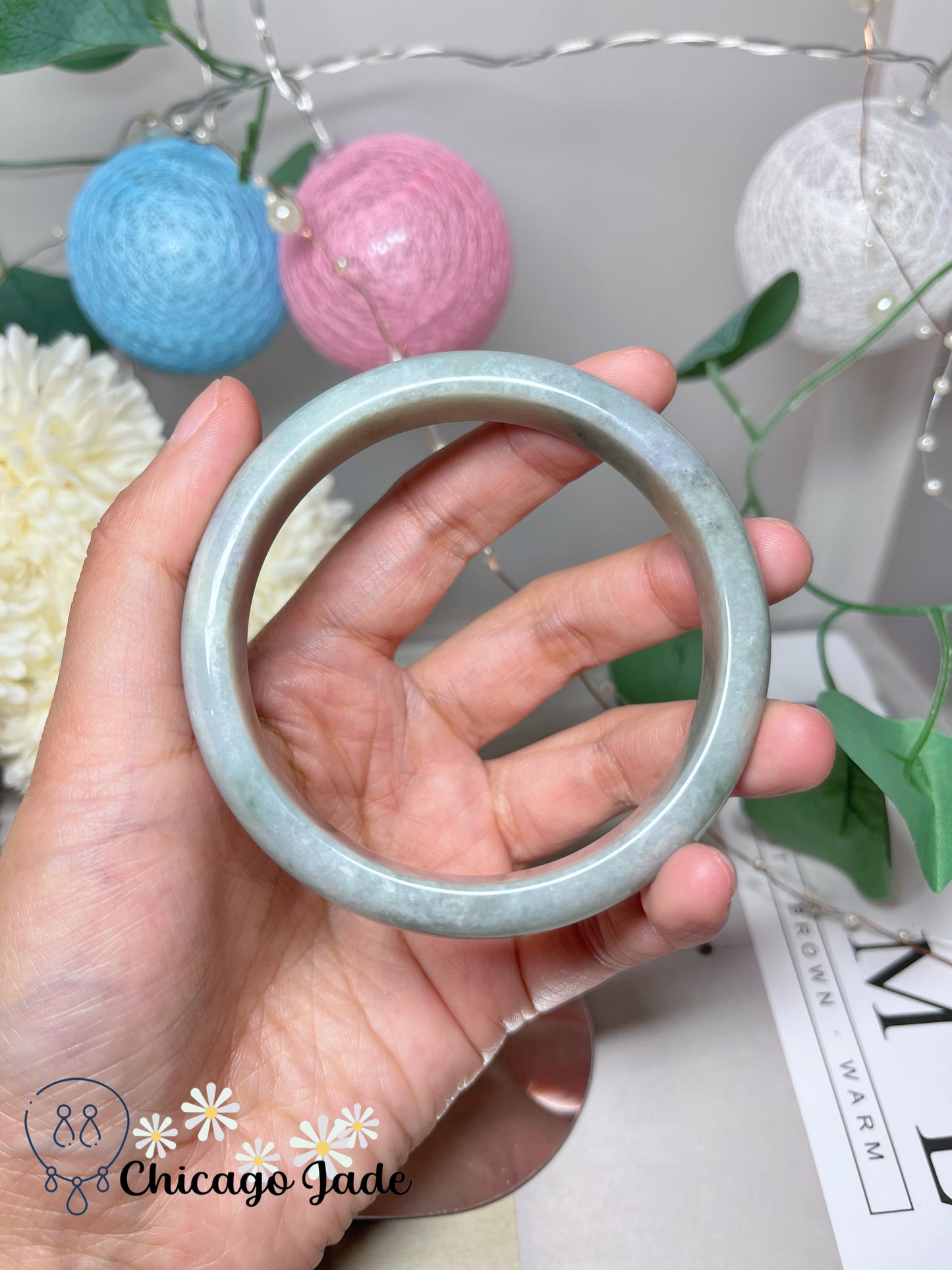 62.1mm Size L Light Grey Green Flat Inside Natural Grade A Authentic Untreated Burma Jadeite Jade Feicui Bangle