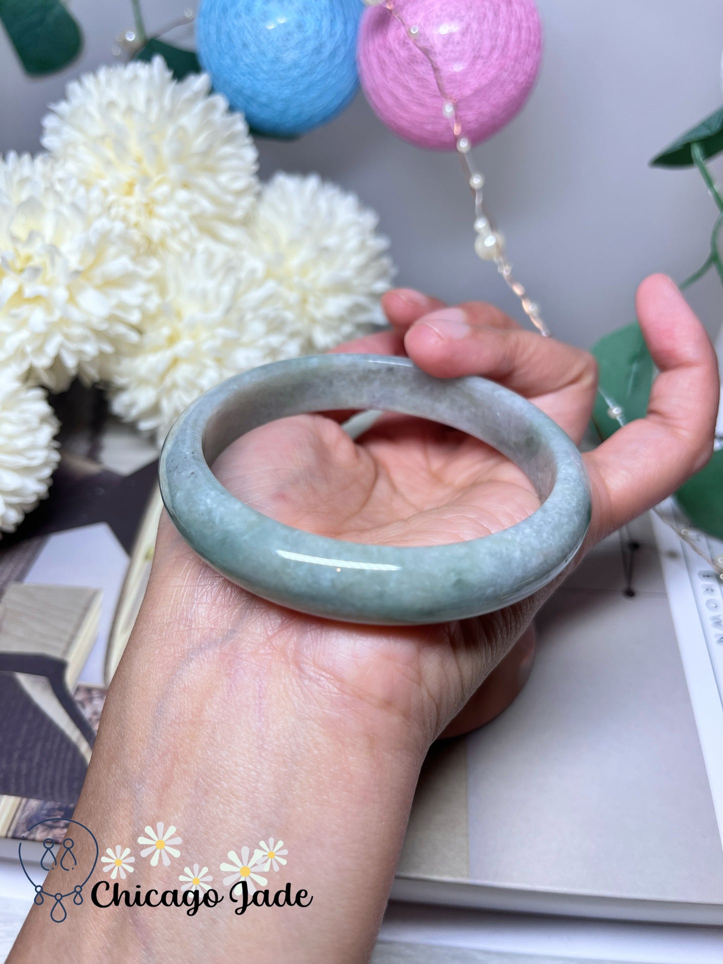62.1mm Size L Light Grey Green Flat Inside Natural Grade A Authentic Untreated Burma Jadeite Jade Feicui Bangle