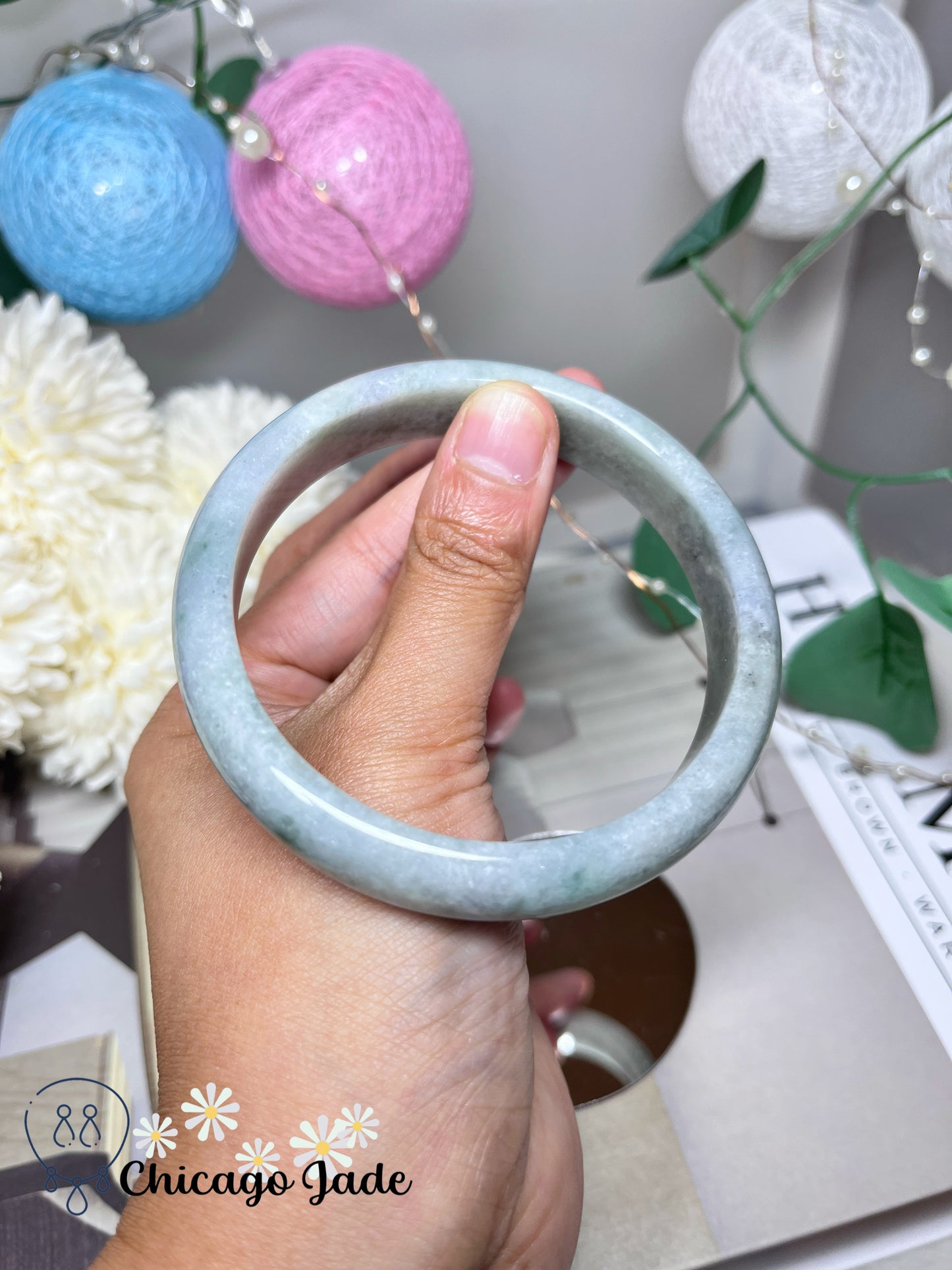 62.1mm Size L Light Grey Green Flat Inside Natural Grade A Authentic Untreated Burma Jadeite Jade Feicui Bangle