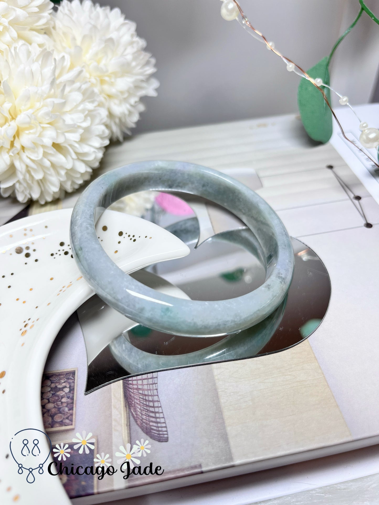 62.1mm Size L Light Grey Green Flat Inside Natural Grade A Authentic Untreated Burma Jadeite Jade Feicui Bangle