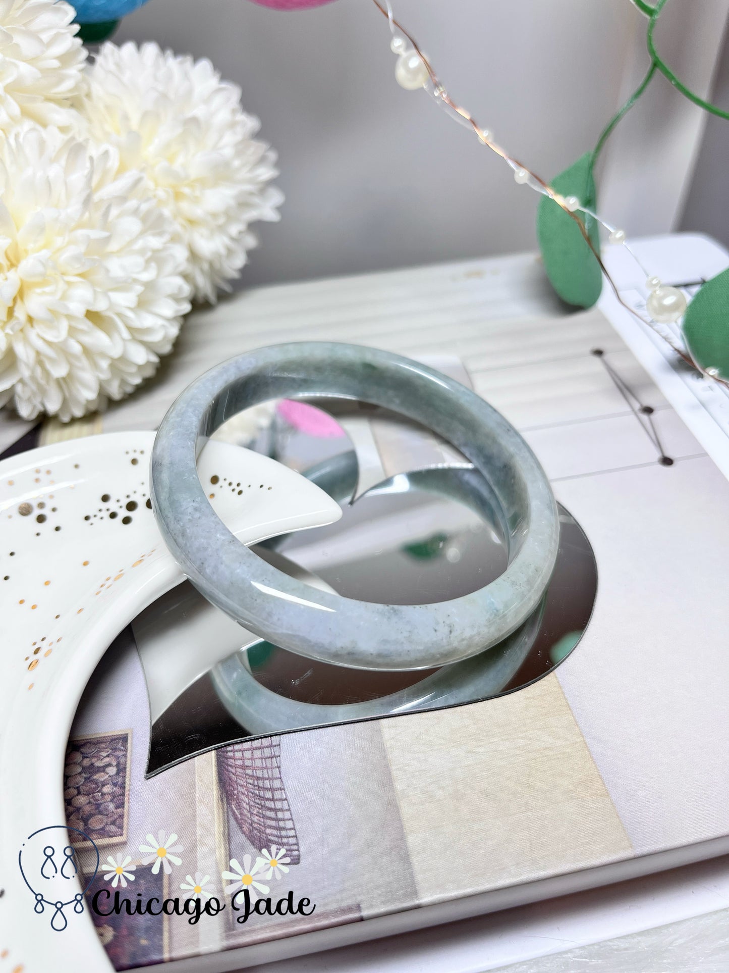 62.1mm Size L Light Grey Green Flat Inside Natural Grade A Authentic Untreated Burma Jadeite Jade Feicui Bangle