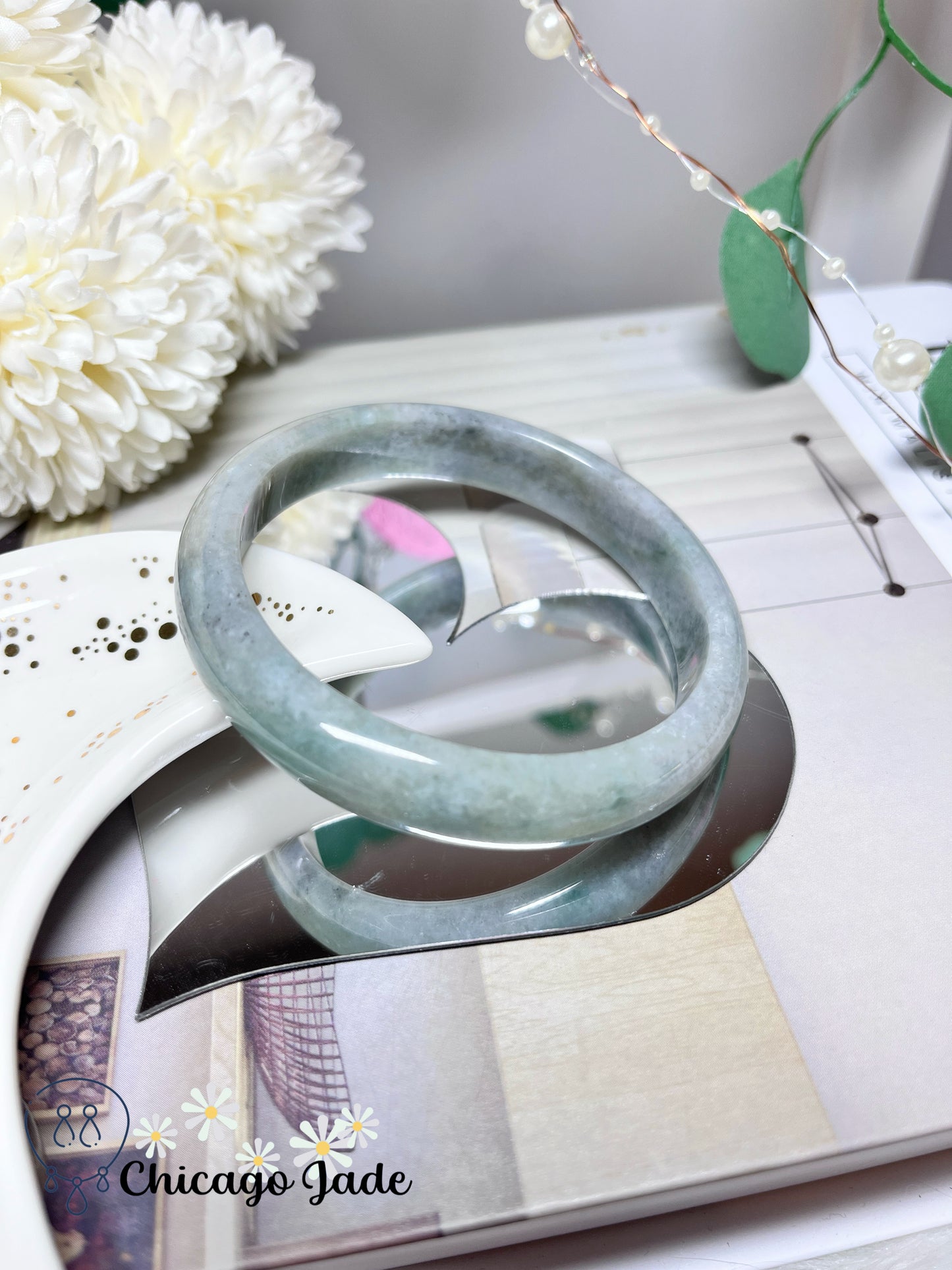 62.1mm Size L Light Grey Green Flat Inside Natural Grade A Authentic Untreated Burma Jadeite Jade Feicui Bangle