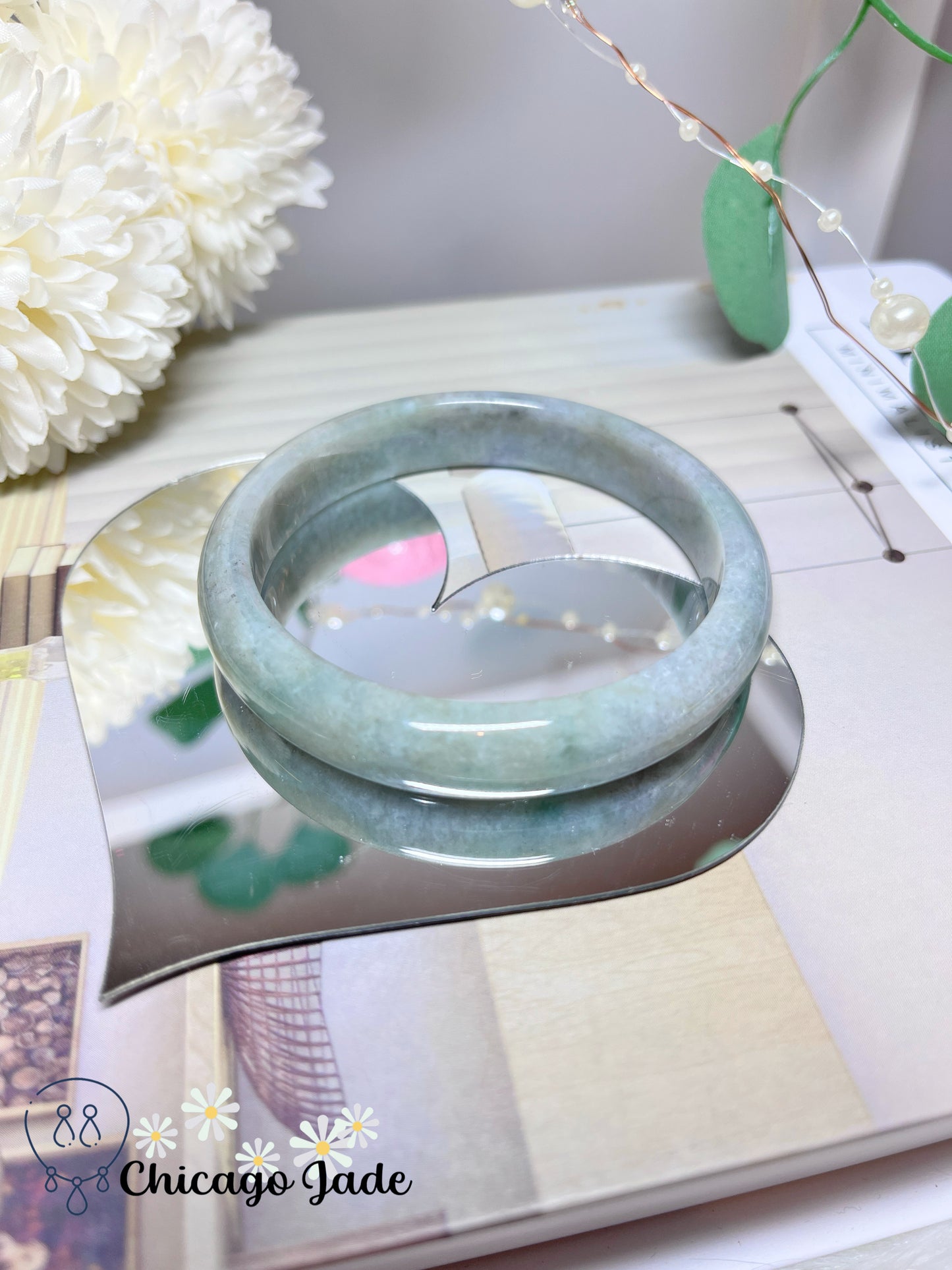 62.1mm Size L Light Grey Green Flat Inside Natural Grade A Authentic Untreated Burma Jadeite Jade Feicui Bangle