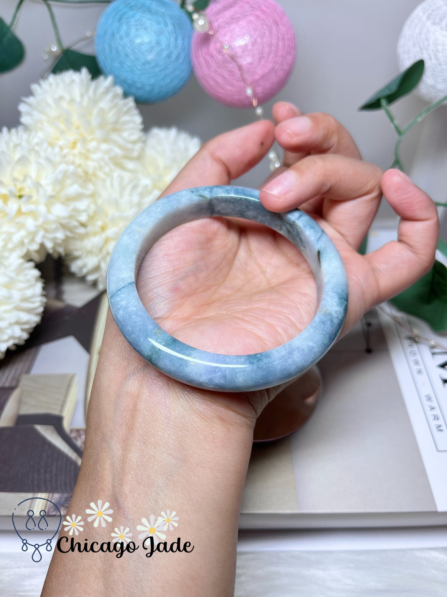 58.4mm Size L Ocean Blue Lavender Natural Grade A Untreated Burma Jadeite Jade Feicui Bangle