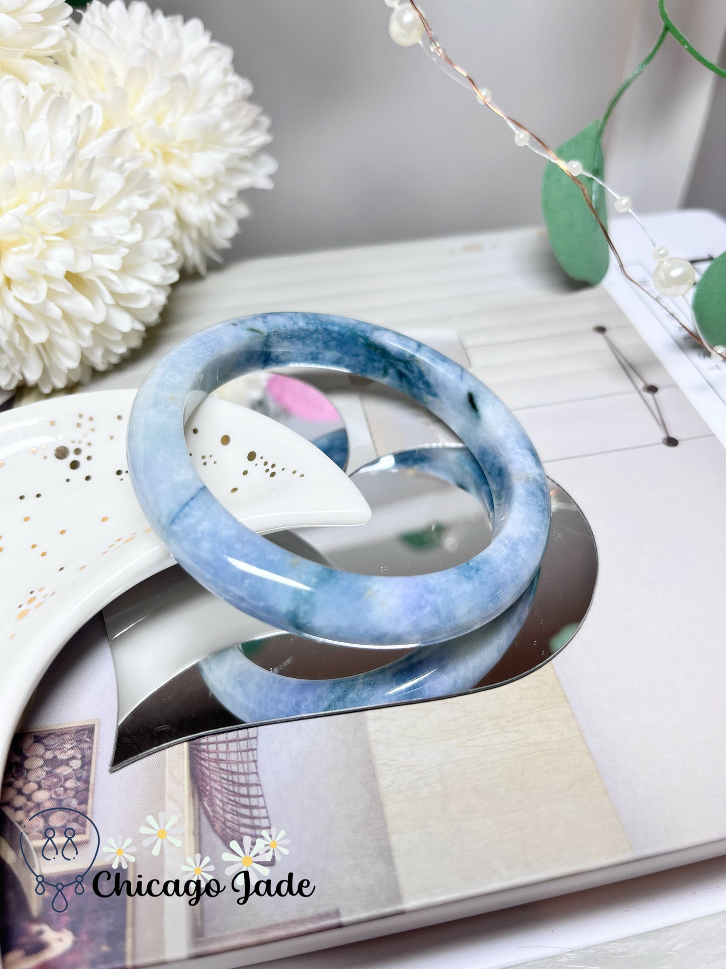 58.4mm Size L Ocean Blue Lavender Natural Grade A Untreated Burma Jadeite Jade Feicui Bangle