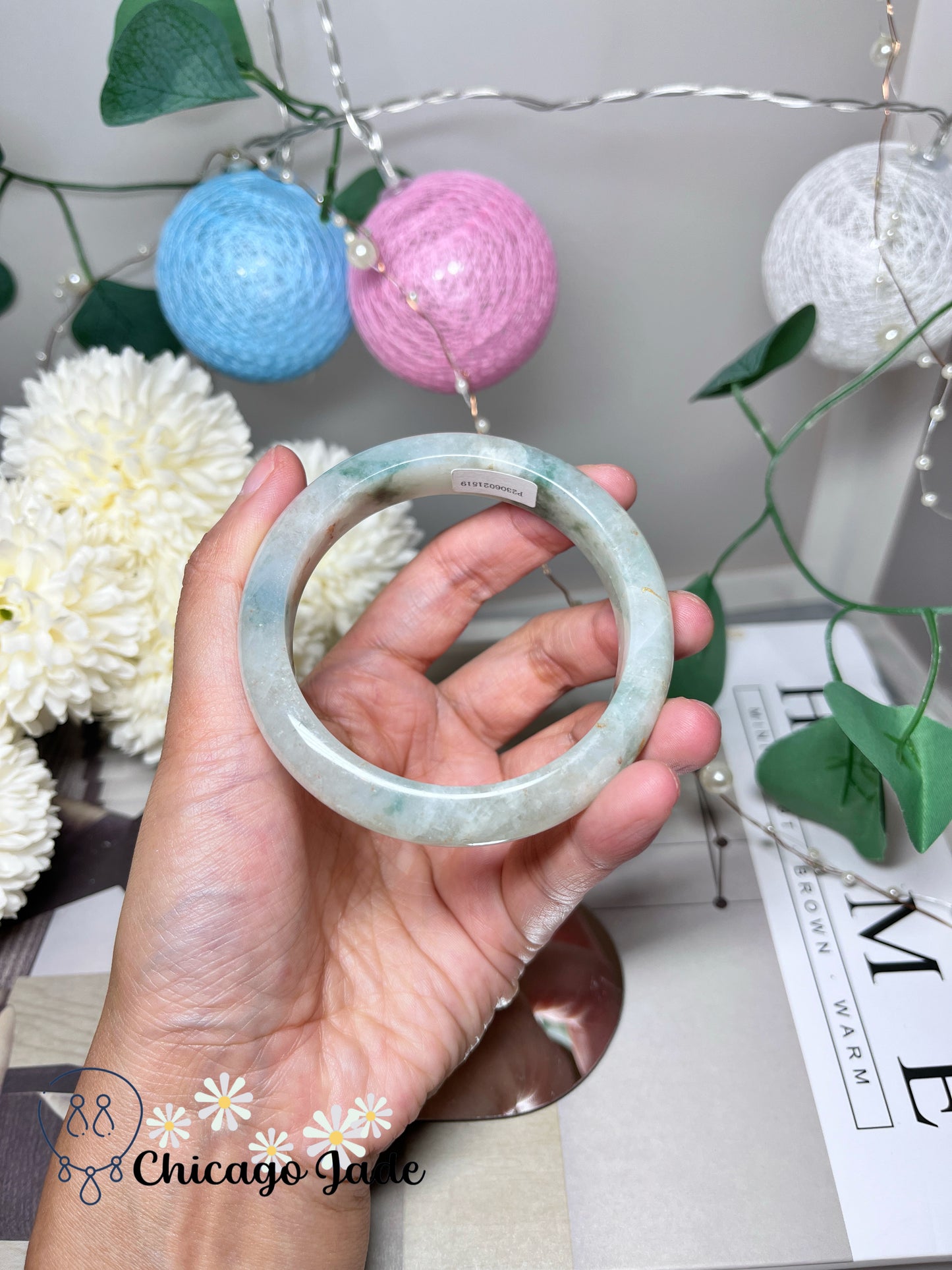 56.9mm Size M White Base Golden Dots Green Flower Tri-Color Natural Grade A Untreated Burma Jadeite Jade Feicui Bangle