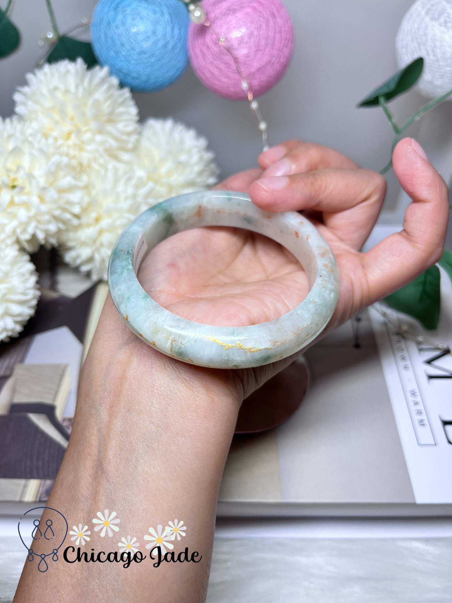 56.9mm Size M White Base Golden Dots Green Flower Tri-Color Natural Grade A Untreated Burma Jadeite Jade Feicui Bangle