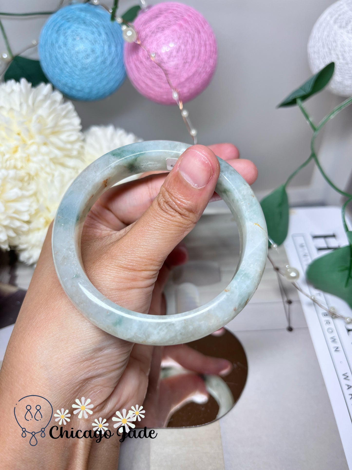 56.9mm Size M White Base Golden Dots Green Flower Tri-Color Natural Grade A Untreated Burma Jadeite Jade Feicui Bangle