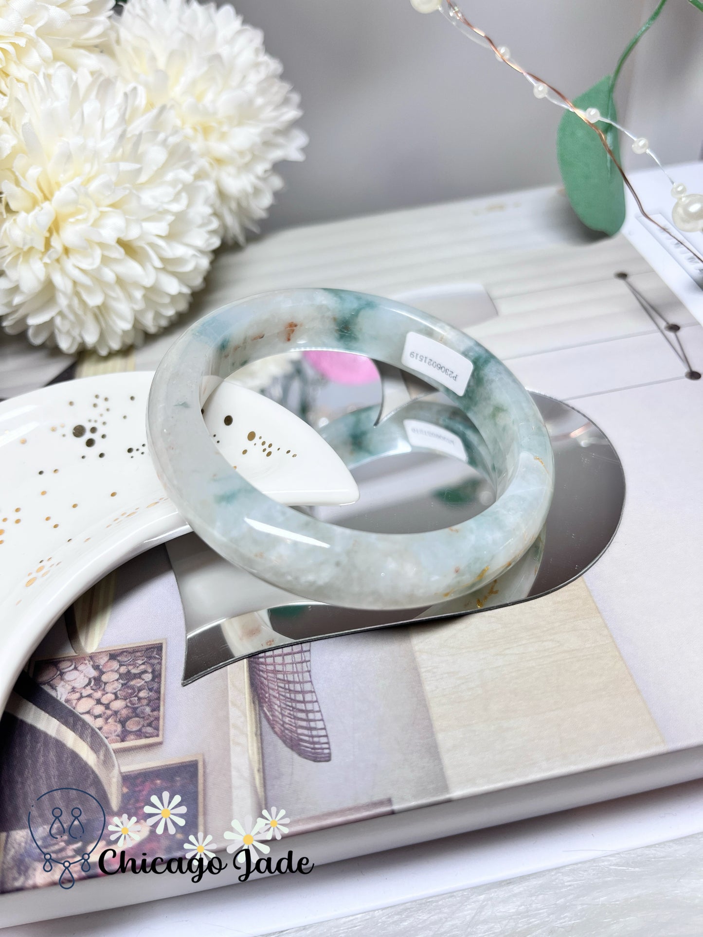 56.9mm Size M White Base Golden Dots Green Flower Tri-Color Natural Grade A Untreated Burma Jadeite Jade Feicui Bangle