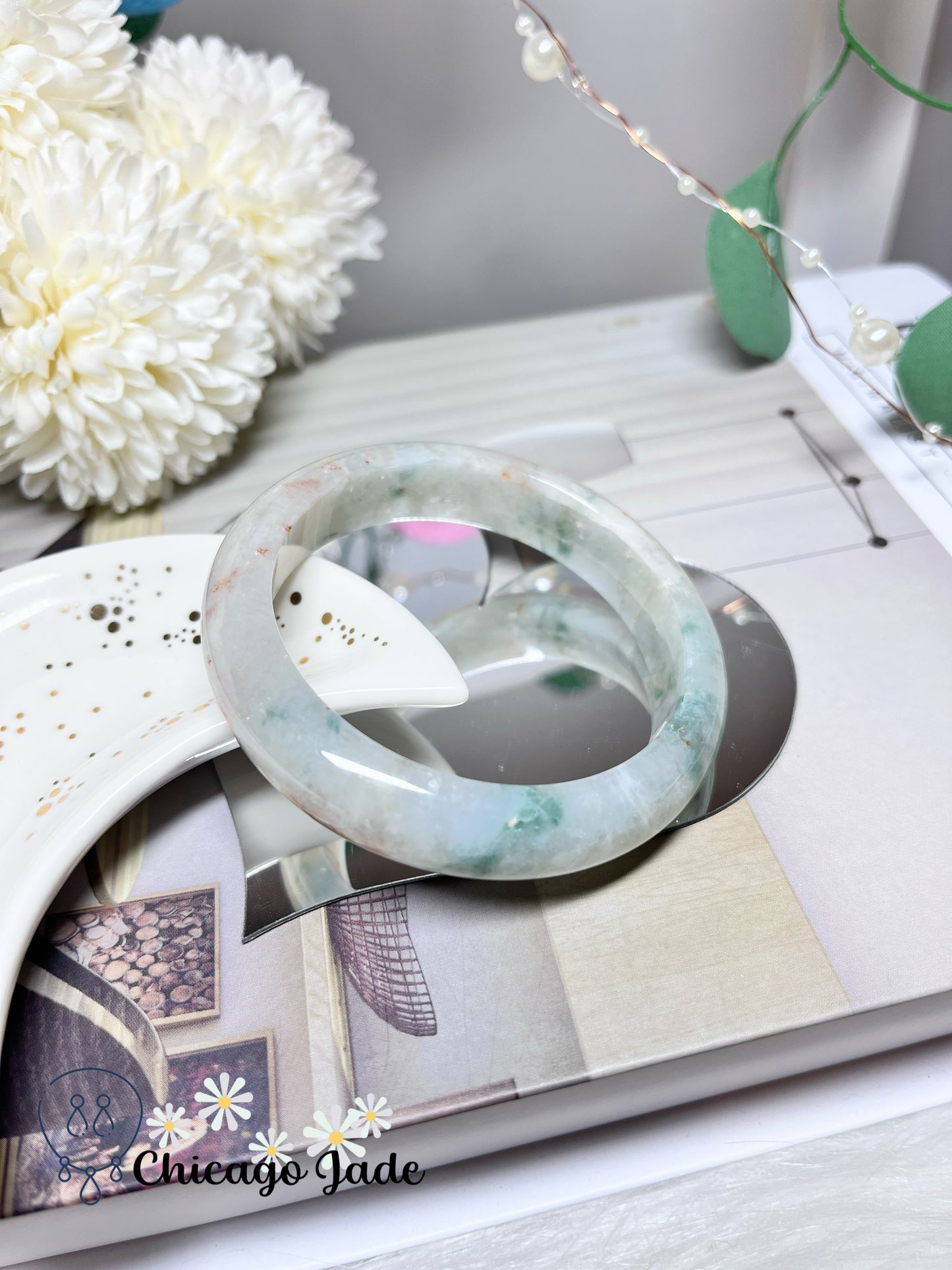 56.9mm Size M White Base Golden Dots Green Flower Tri-Color Natural Grade A Untreated Burma Jadeite Jade Feicui Bangle