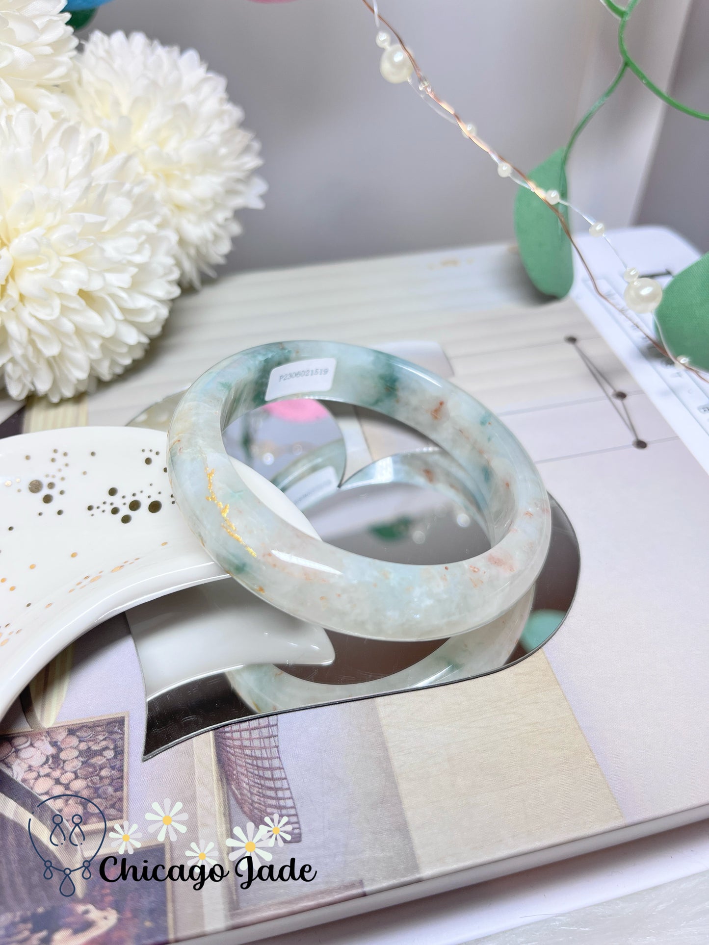 56.9mm Size M White Base Golden Dots Green Flower Tri-Color Natural Grade A Untreated Burma Jadeite Jade Feicui Bangle