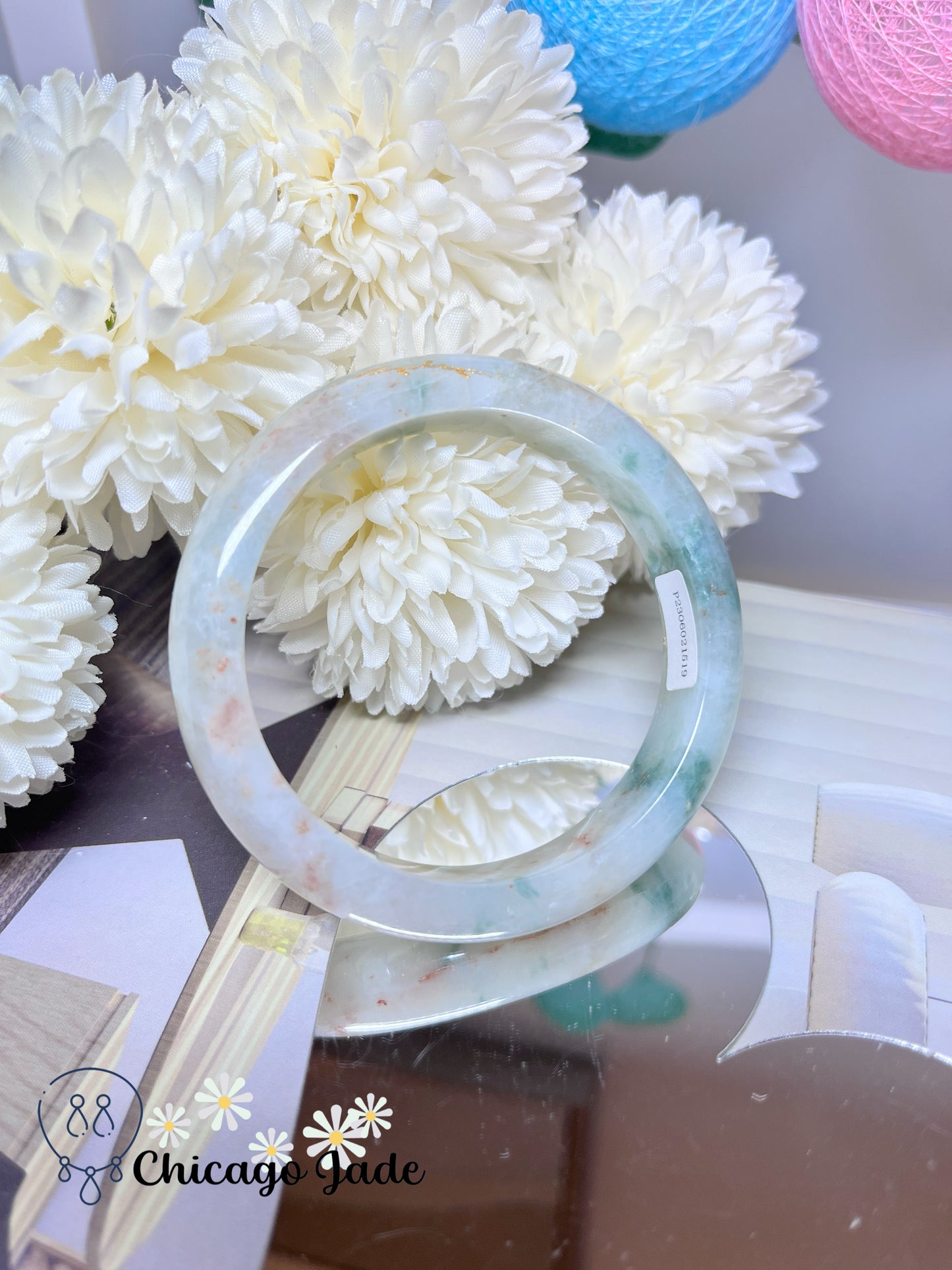 56.9mm Size M White Base Golden Dots Green Flower Tri-Color Natural Grade A Untreated Burma Jadeite Jade Feicui Bangle