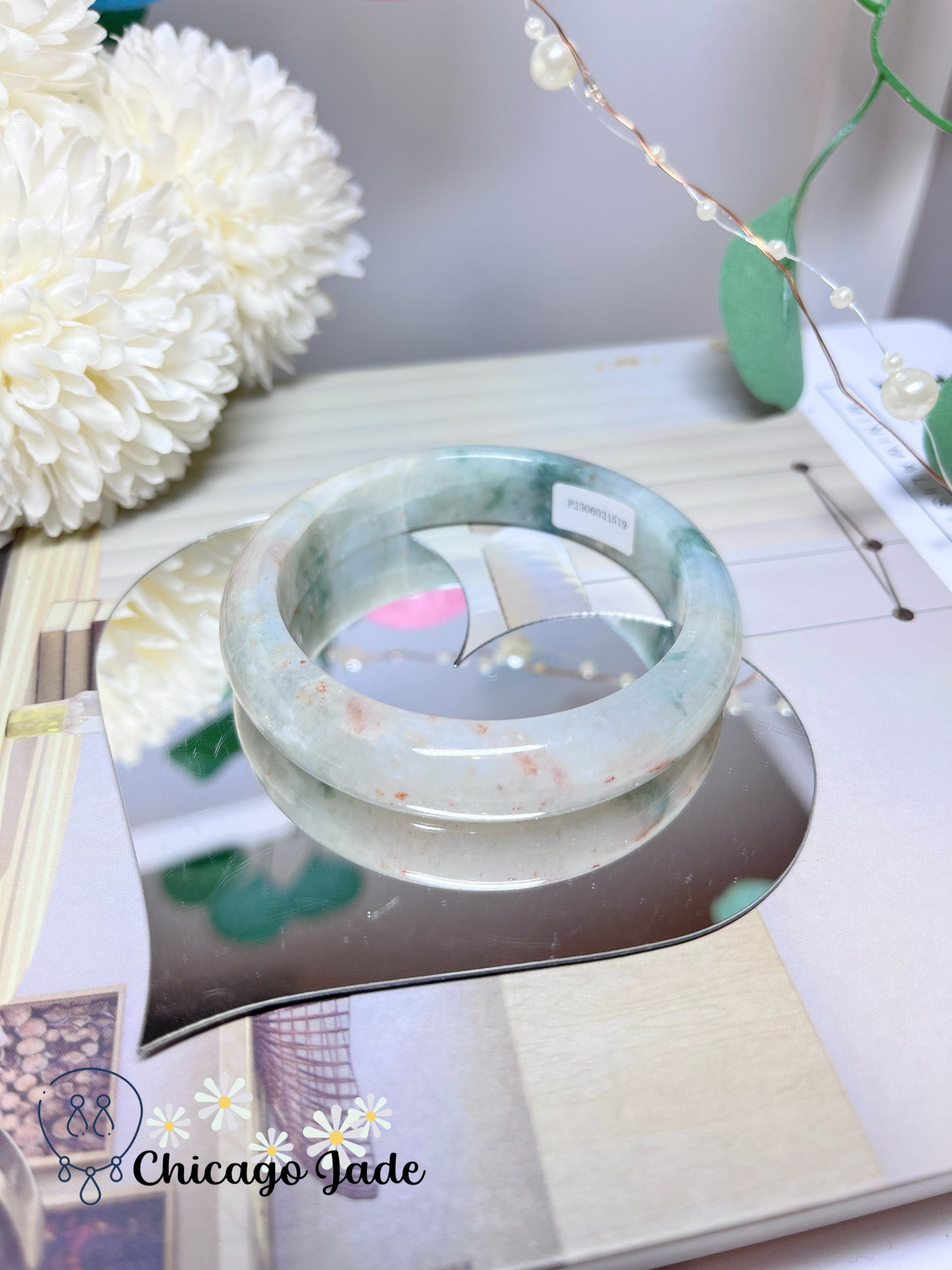 56.9mm Size M White Base Golden Dots Green Flower Tri-Color Natural Grade A Untreated Burma Jadeite Jade Feicui Bangle