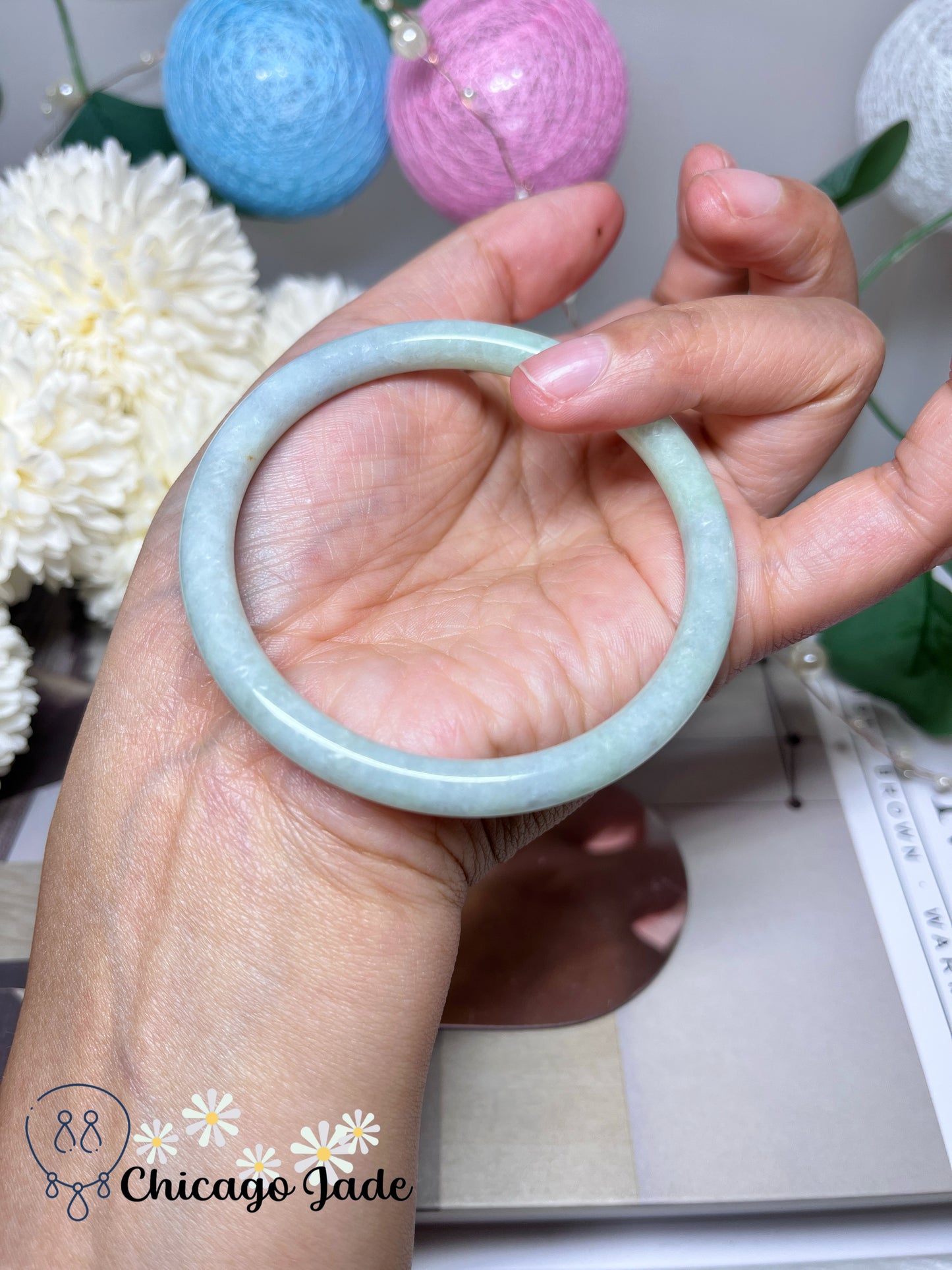 57.1mm Size L Dainty Blue Green Natural Grade A Authentic Untreated Burma Jadeite Jade Feicui Bangle
