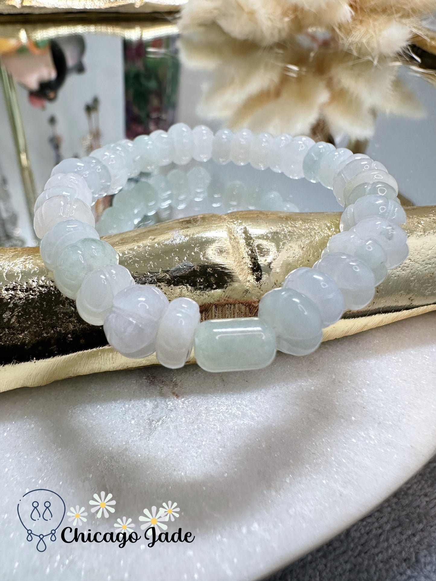 Translucent pumpkin beads natural jadeite jade light blue purple bracelet - Size S