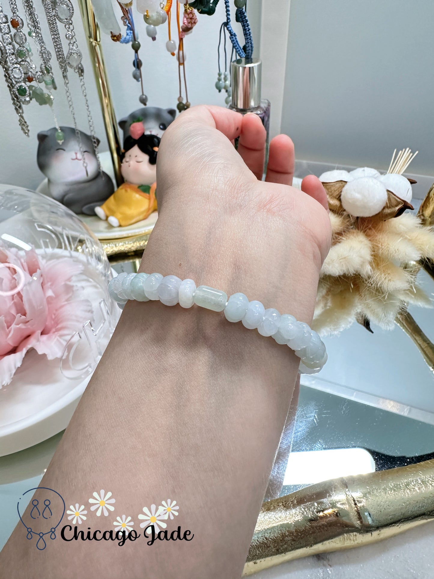 Translucent pumpkin beads natural jadeite jade light blue purple bracelet - Size S