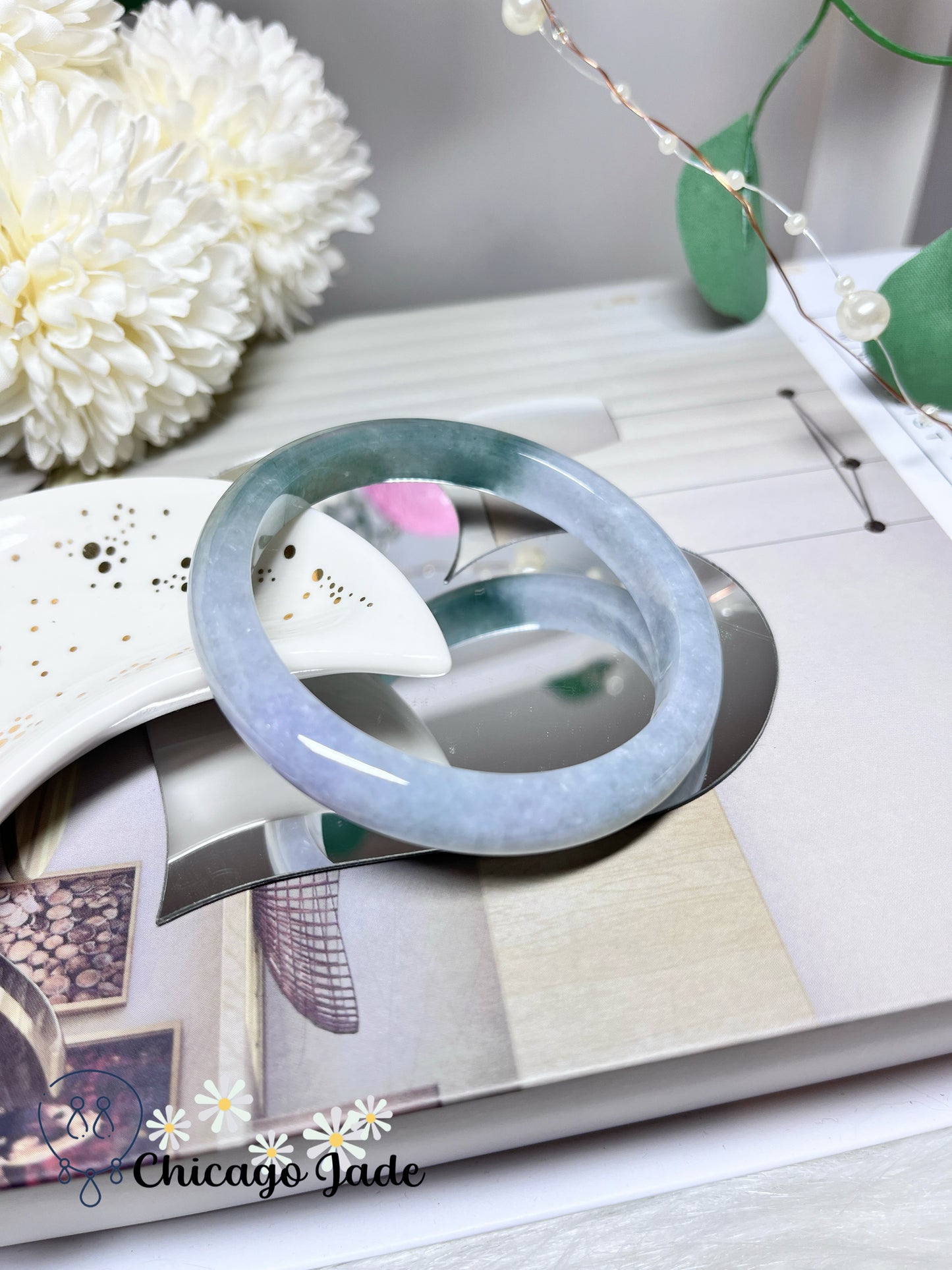 56.1mm Size M Light Lavender Icy Green Bi-Color Natural Grade A Authentic Untreated Burma Jadeite Jade Feicui Bangle