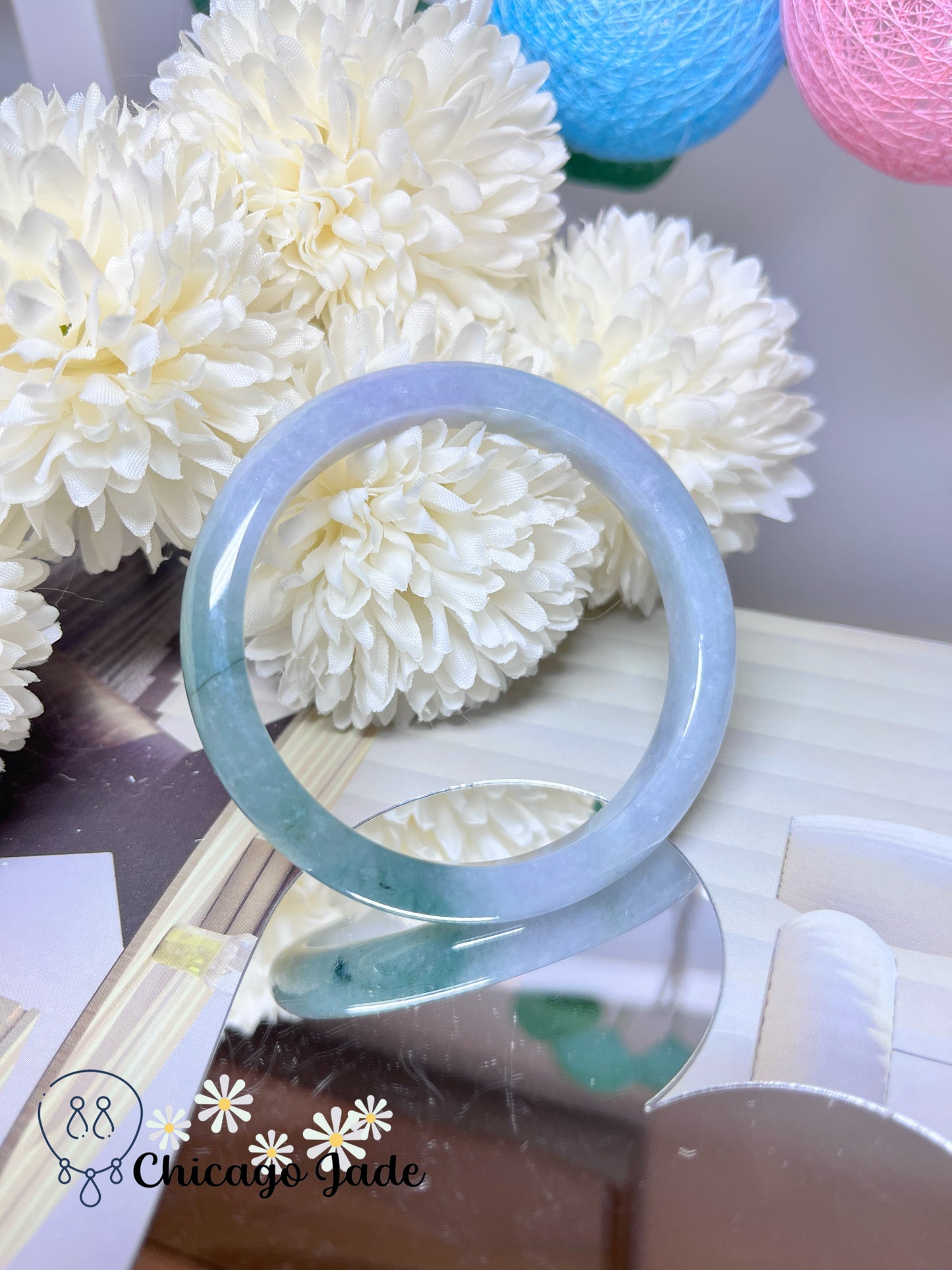 56.1mm Size M Light Lavender Icy Green Bi-Color Natural Grade A Authentic Untreated Burma Jadeite Jade Feicui Bangle