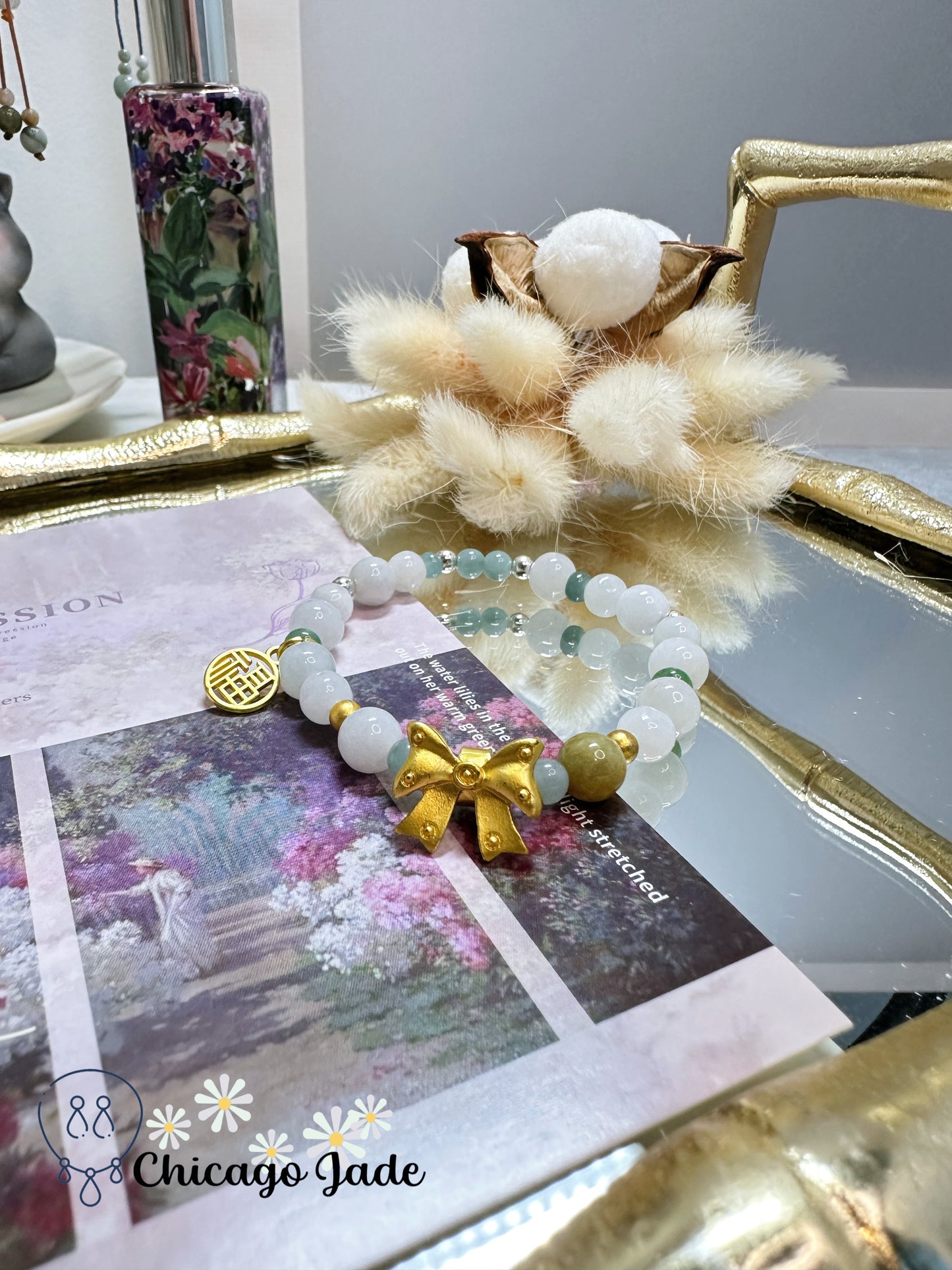 Moonlight and green bi-color jadeite jade beaded bracelet with Alloy Decoration bracelet - Size S