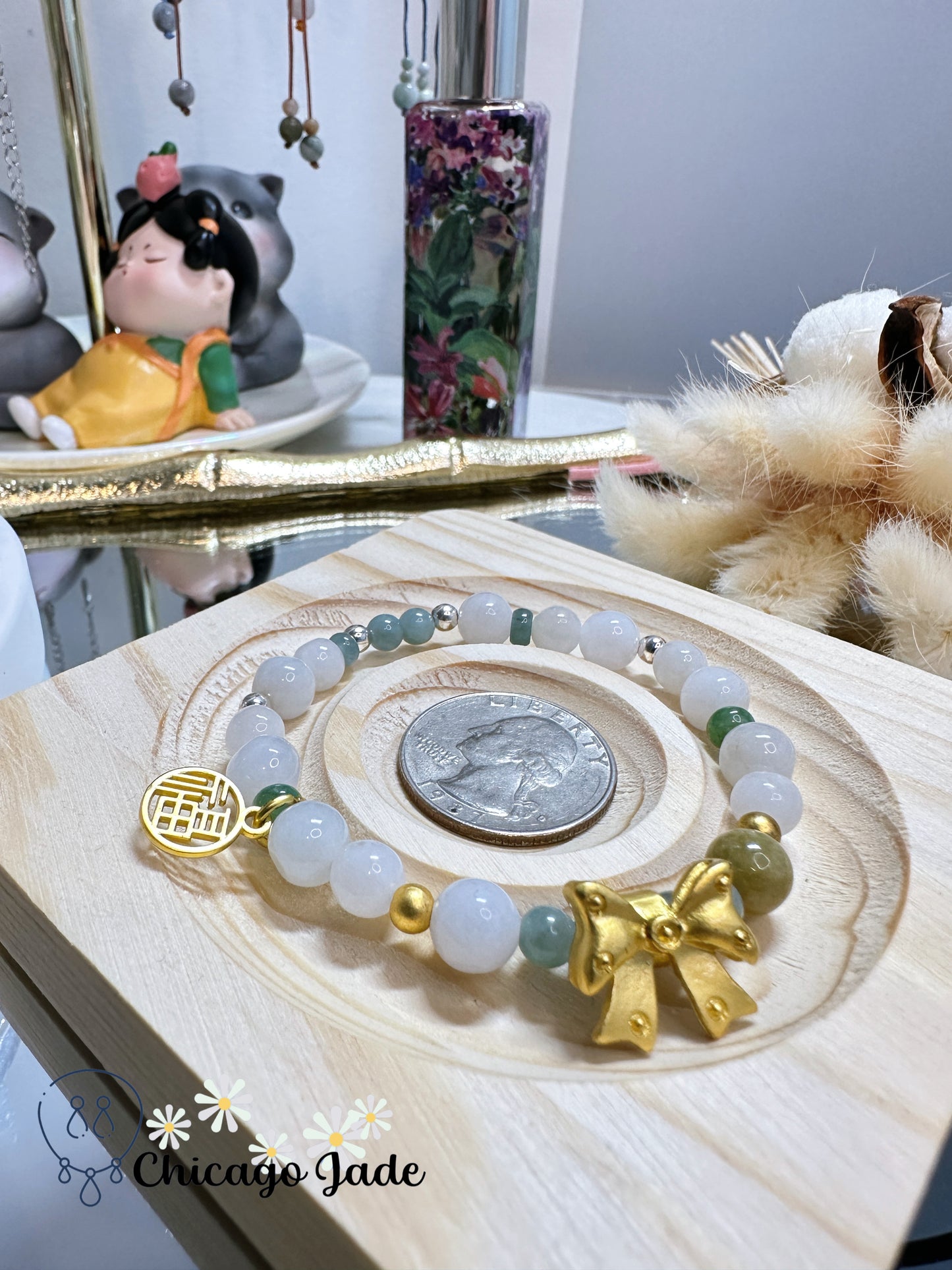 Moonlight and green bi-color jadeite jade beaded bracelet with Alloy Decoration bracelet - Size S