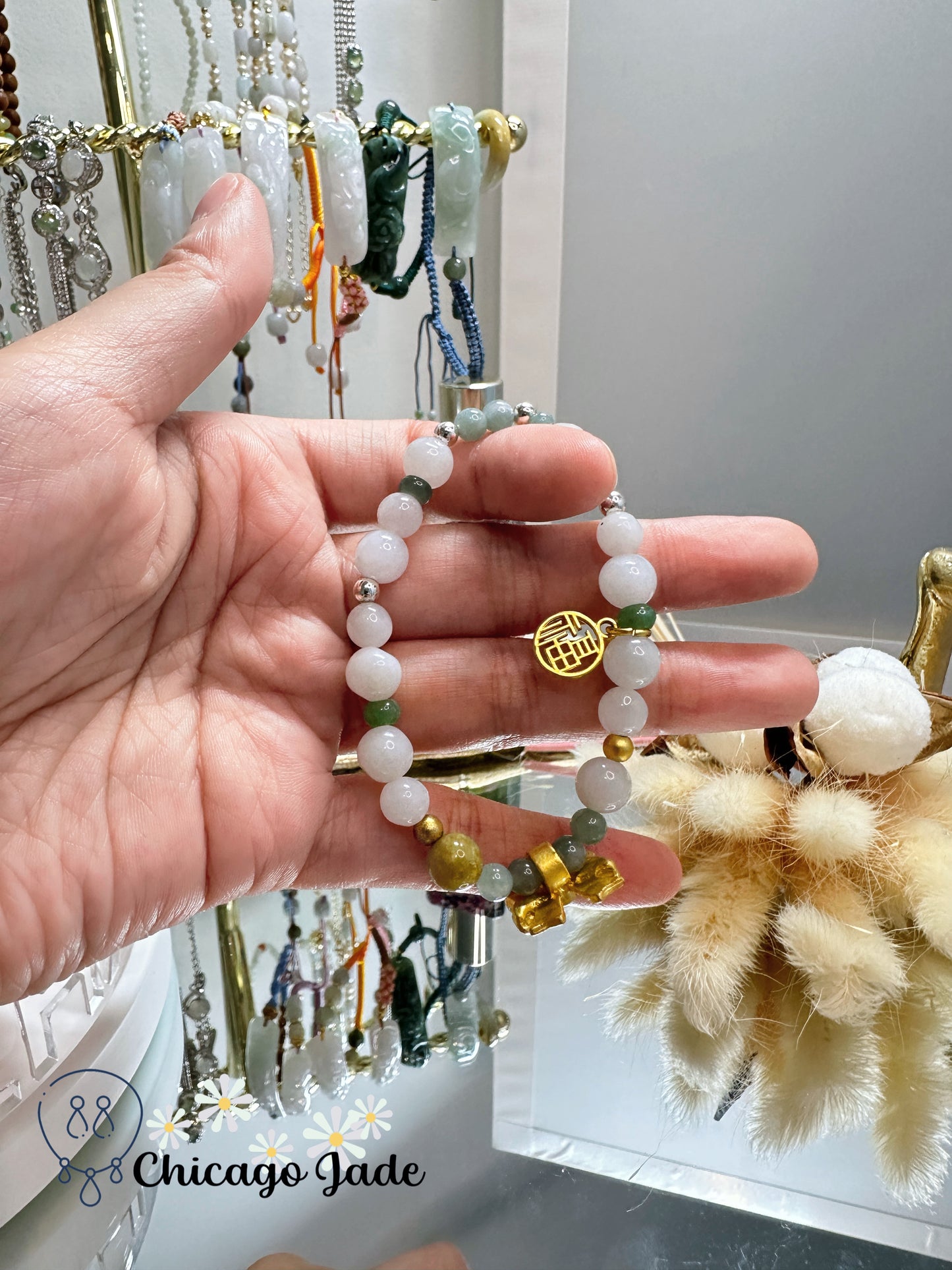 Moonlight and green bi-color jadeite jade beaded bracelet with Alloy Decoration bracelet - Size S
