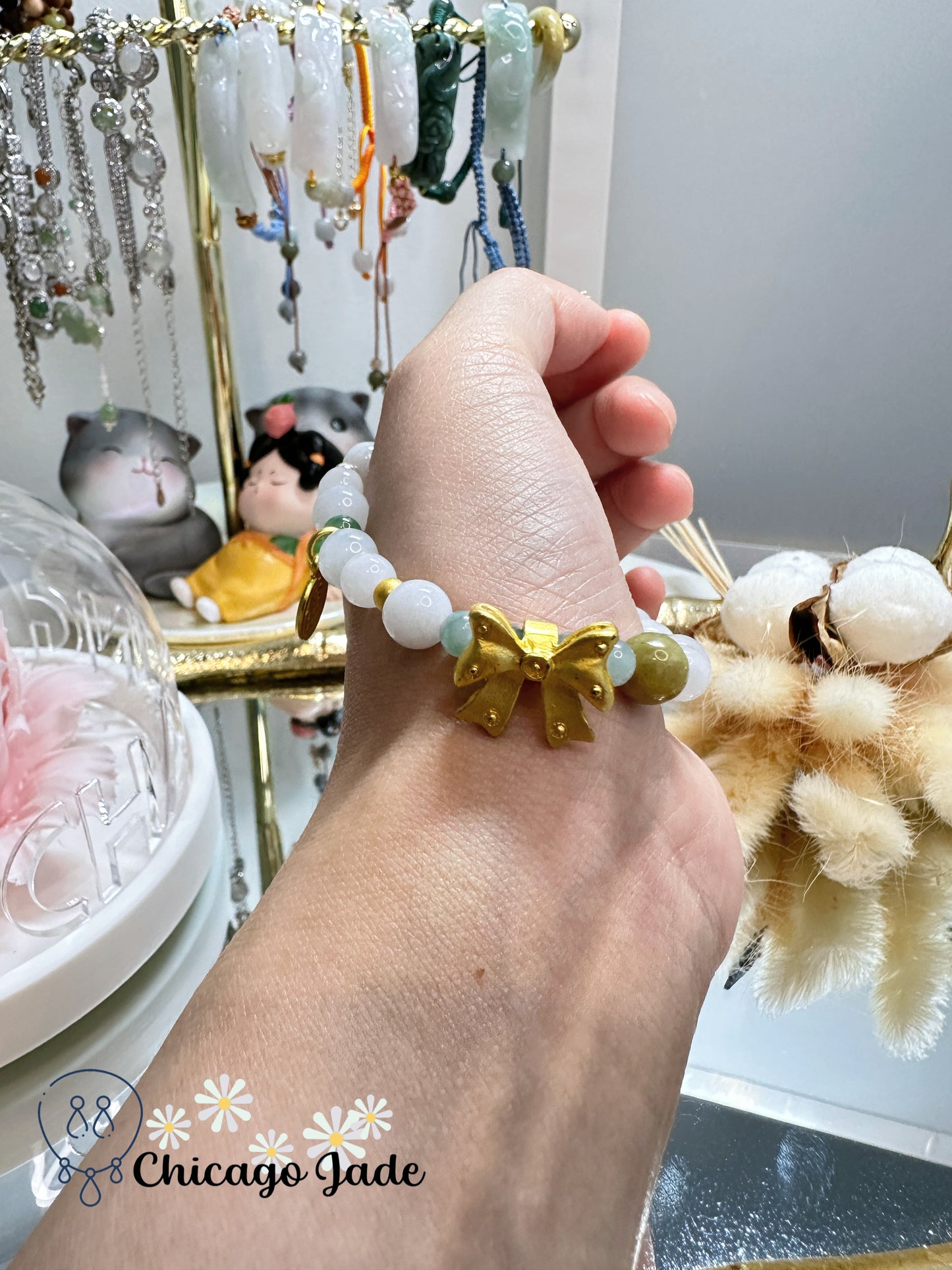 Moonlight and green bi-color jadeite jade beaded bracelet with Alloy Decoration bracelet - Size S