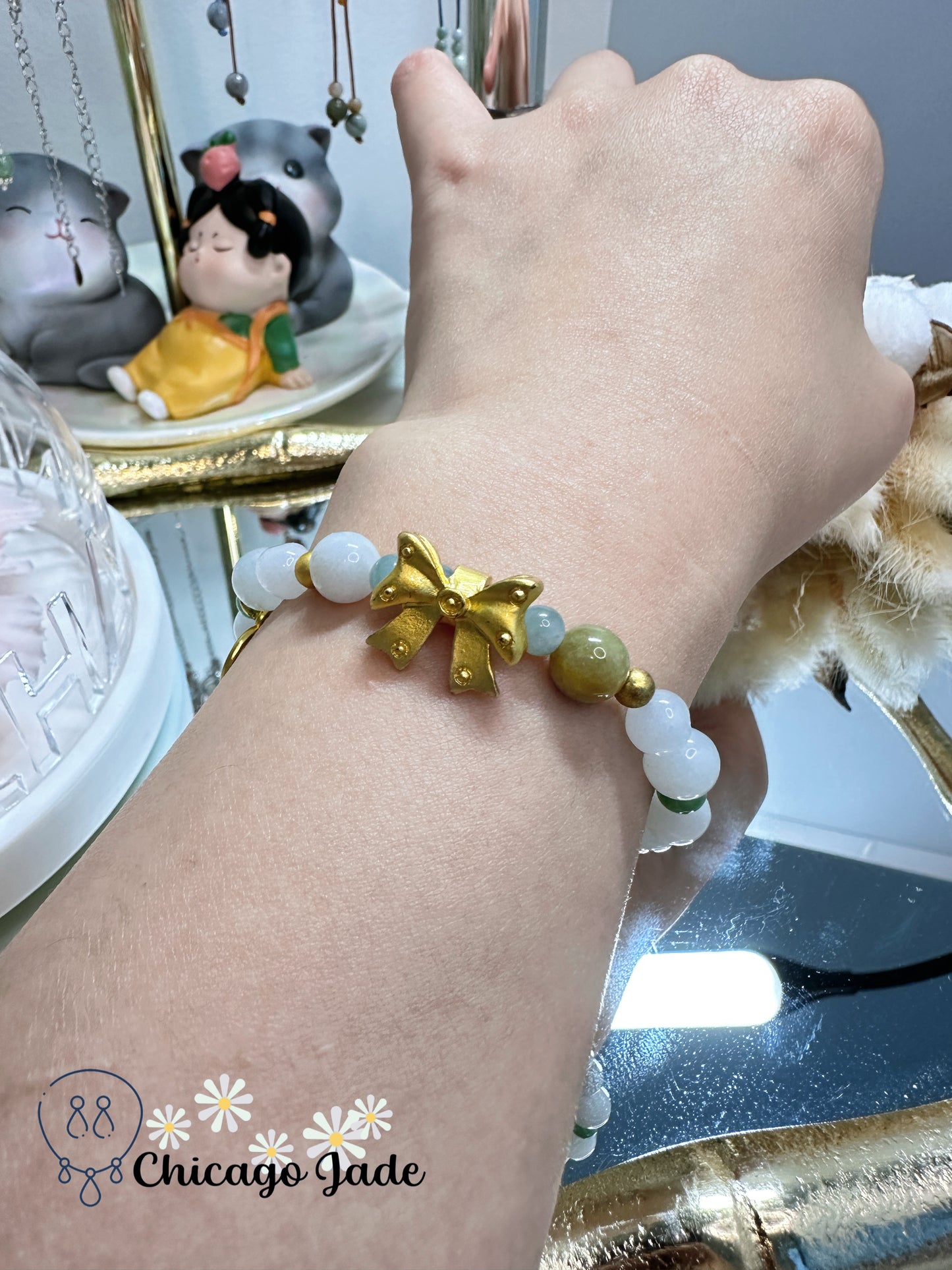 Moonlight and green bi-color jadeite jade beaded bracelet with Alloy Decoration bracelet - Size S