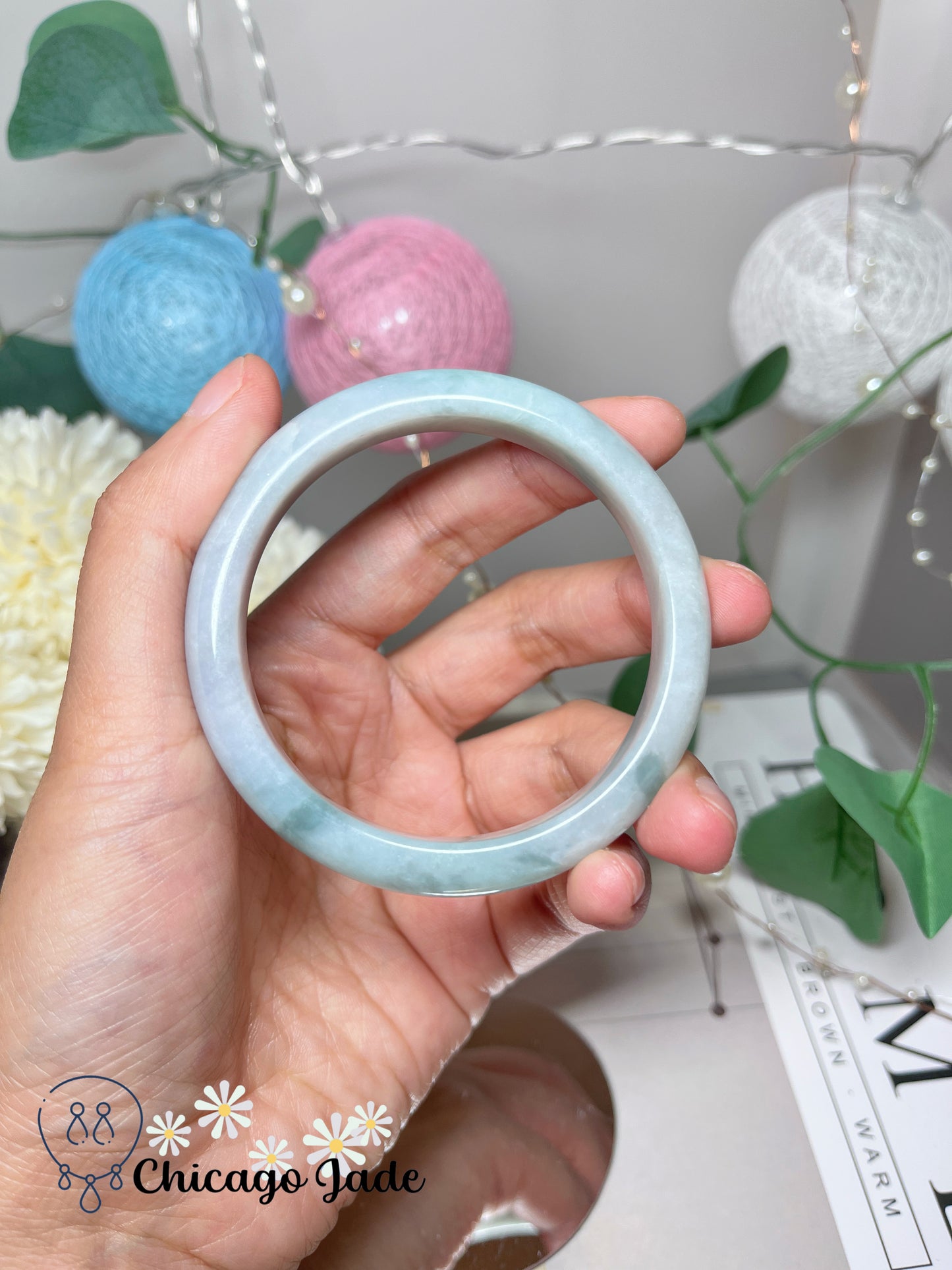 54.3mm Size S Light Blue Base with Darker Blue Green Highlights Natural Grade A Authentic Untreated Burma Jadeite Jade Feicui Bangle