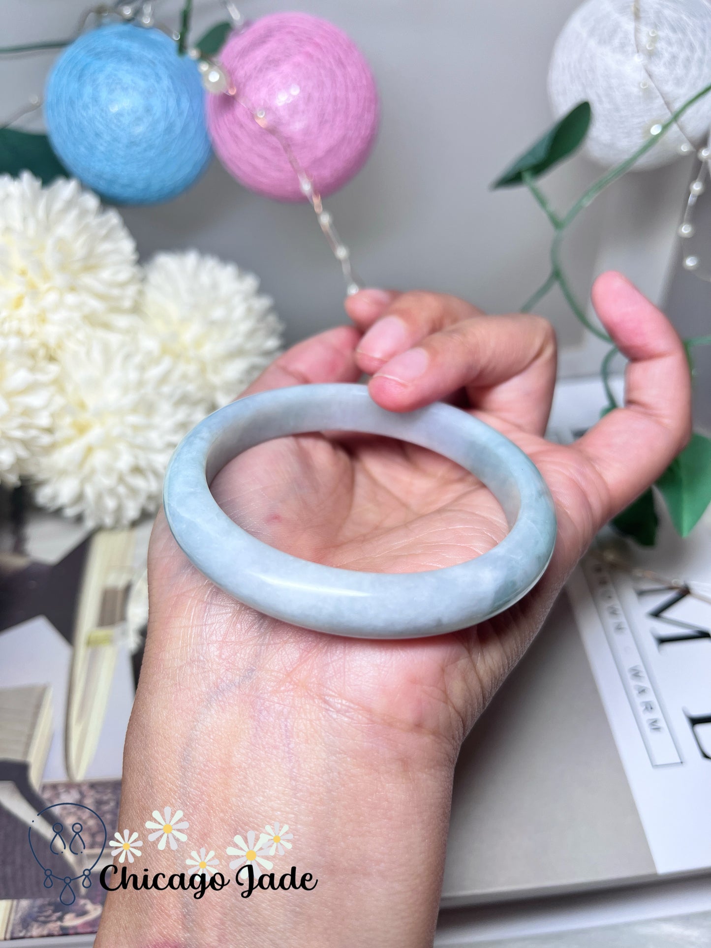 54.3mm Size S Light Blue Base with Darker Blue Green Highlights Natural Grade A Authentic Untreated Burma Jadeite Jade Feicui Bangle
