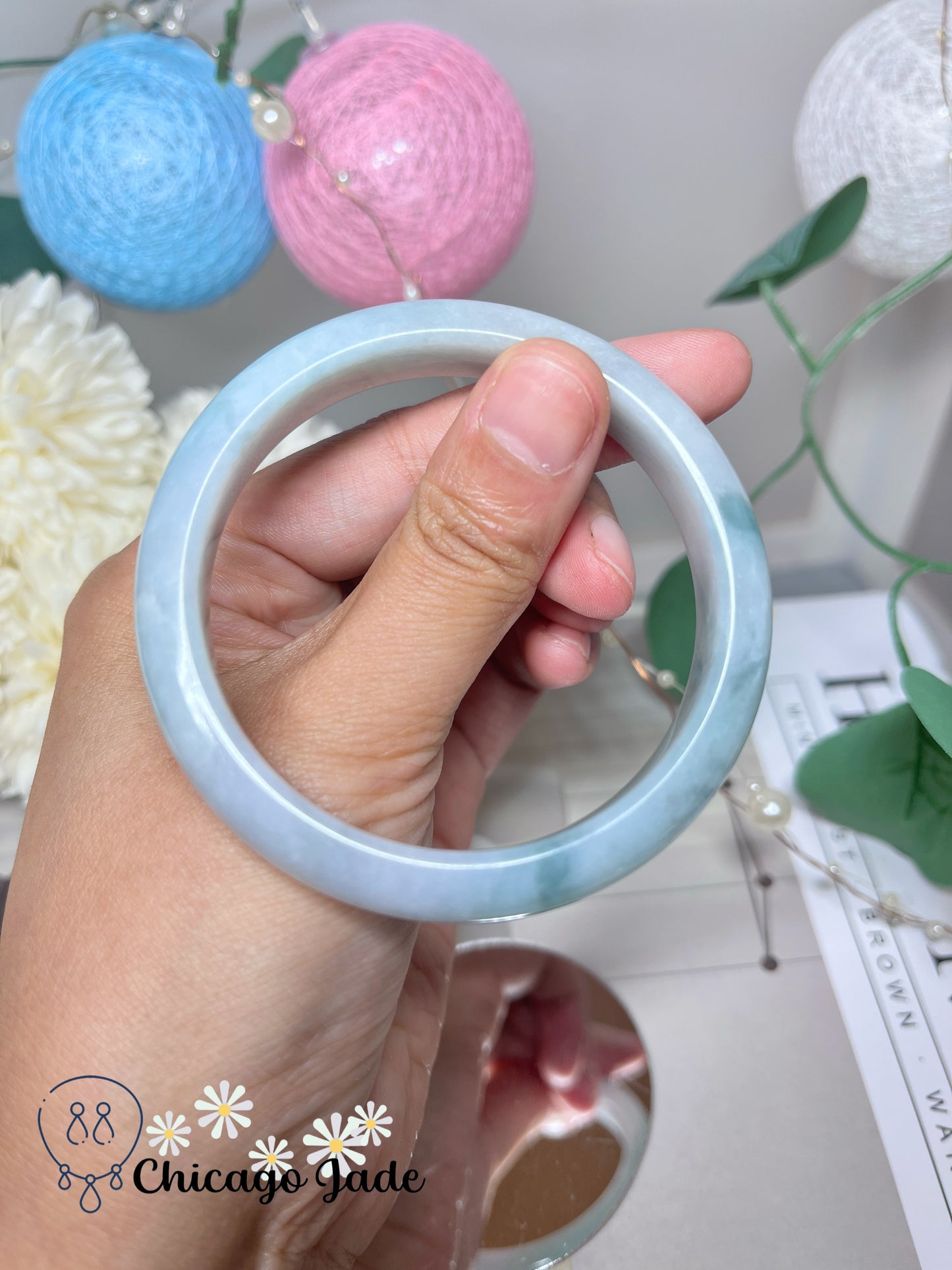 54.3mm Size S Light Blue Base with Darker Blue Green Highlights Natural Grade A Authentic Untreated Burma Jadeite Jade Feicui Bangle